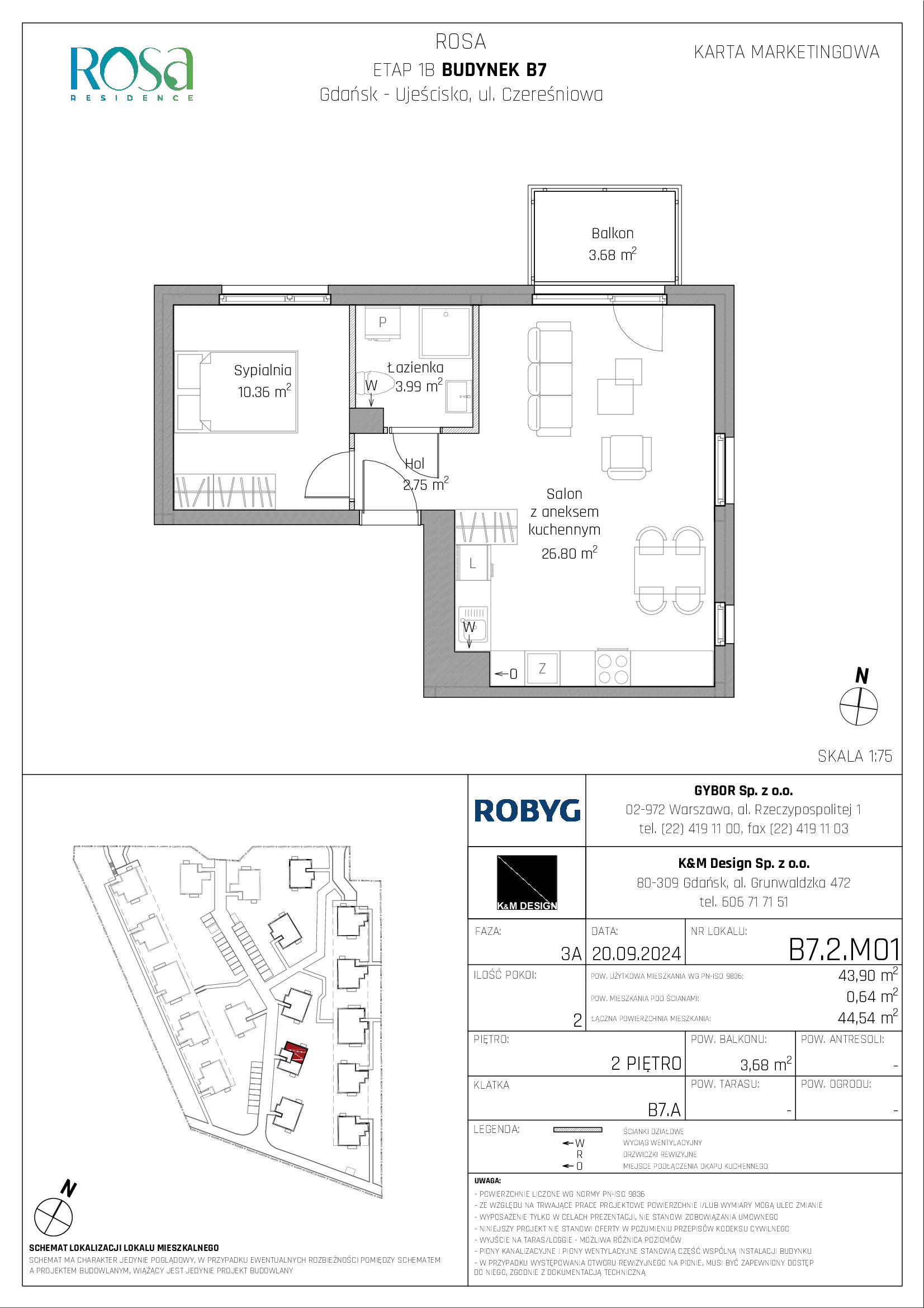 Mieszkanie 43,90 m², piętro 2, oferta nr B7.2M01, ROSA Residence, Gdańsk, Ujeścisko-Łostowice, Ujeścisko, ul. Śliwkowa-idx