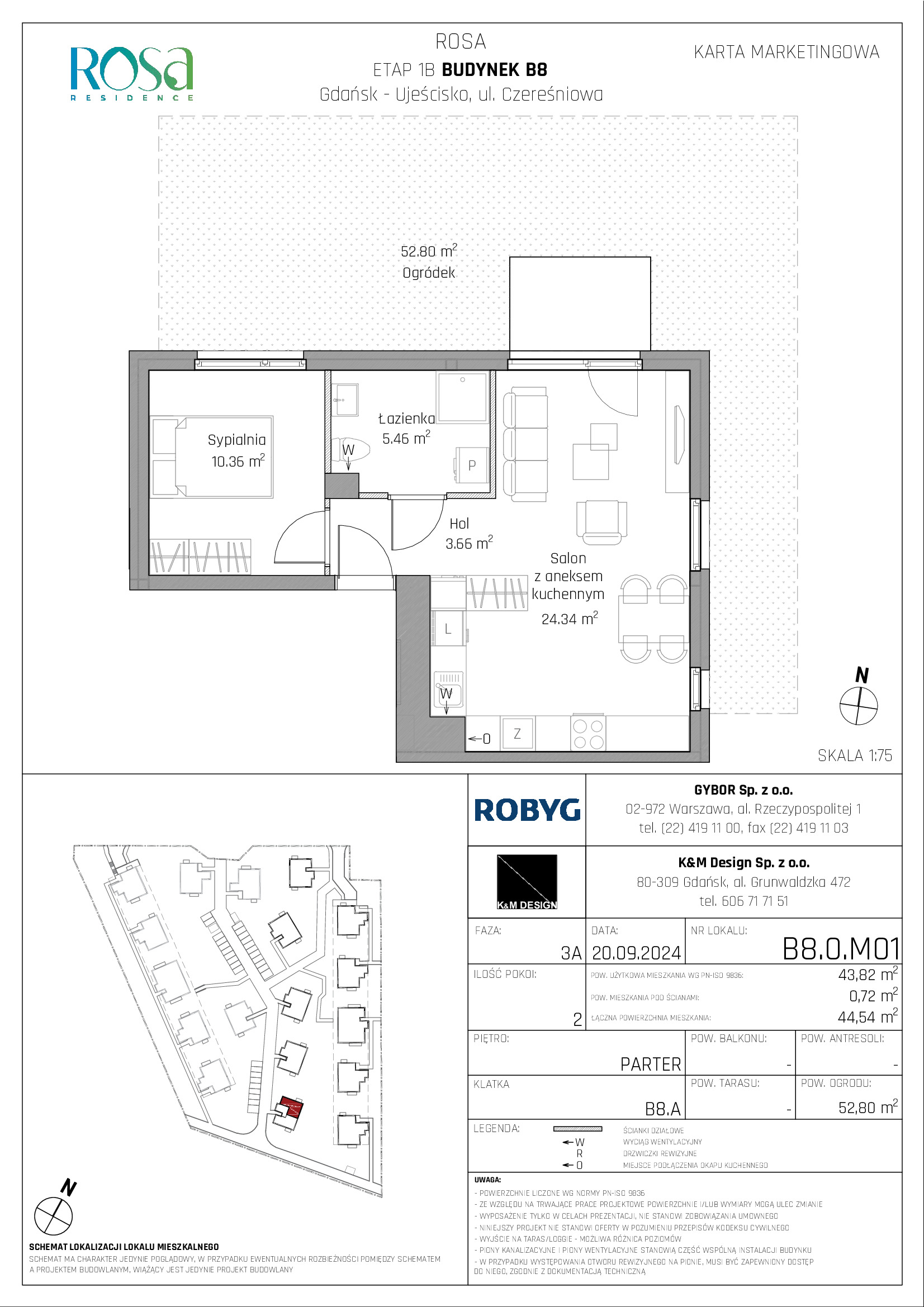 Mieszkanie 43,82 m², parter, oferta nr B8.0M01, ROSA Residence, Gdańsk, Ujeścisko-Łostowice, Ujeścisko, ul. Śliwkowa-idx