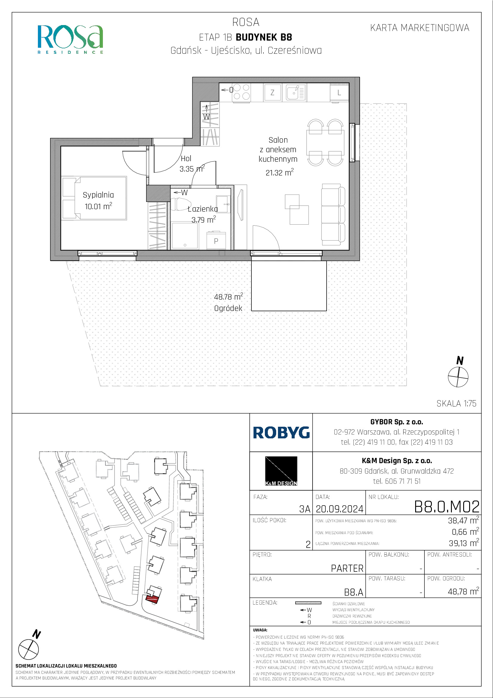 Mieszkanie 38,47 m², parter, oferta nr B8.0M02, ROSA Residence, Gdańsk, Ujeścisko-Łostowice, Ujeścisko, ul. Śliwkowa-idx