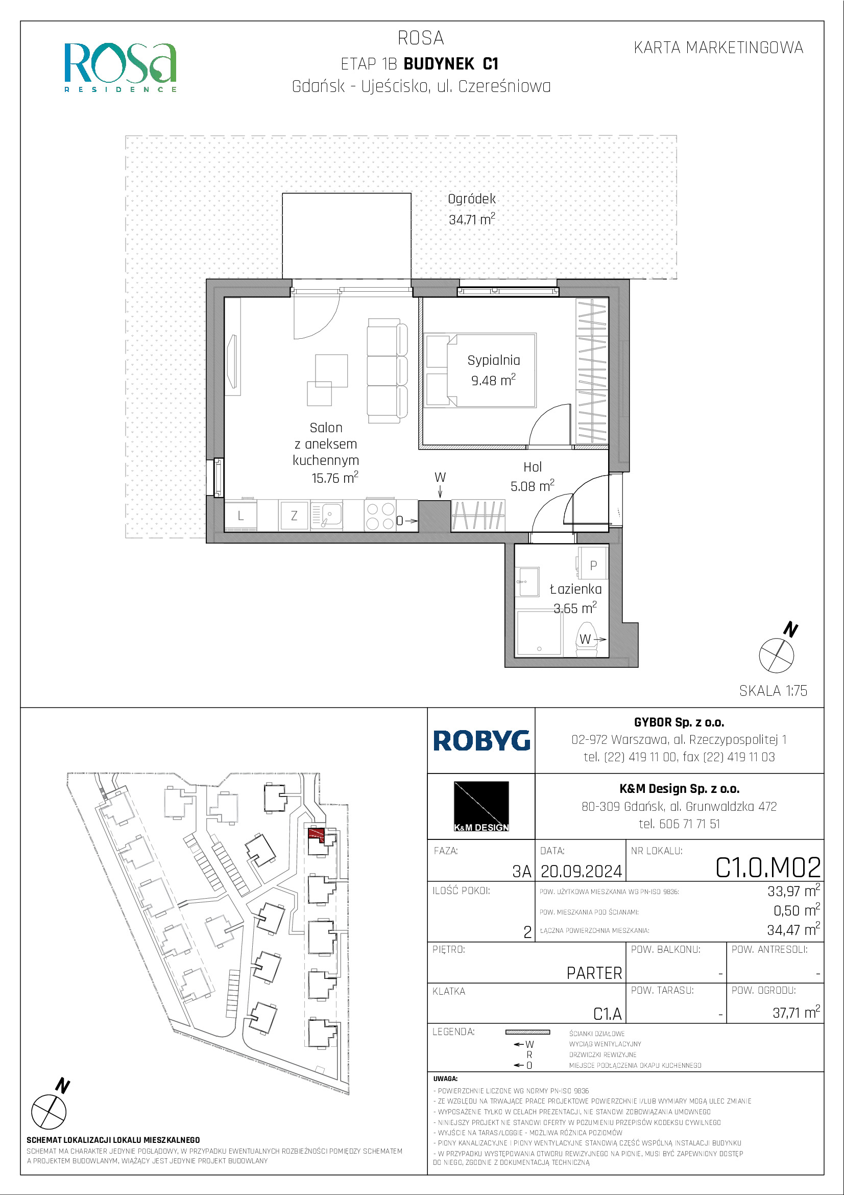 Mieszkanie 33,97 m², parter, oferta nr C1.0M02, ROSA Residence, Gdańsk, Ujeścisko-Łostowice, Ujeścisko, ul. Śliwkowa-idx