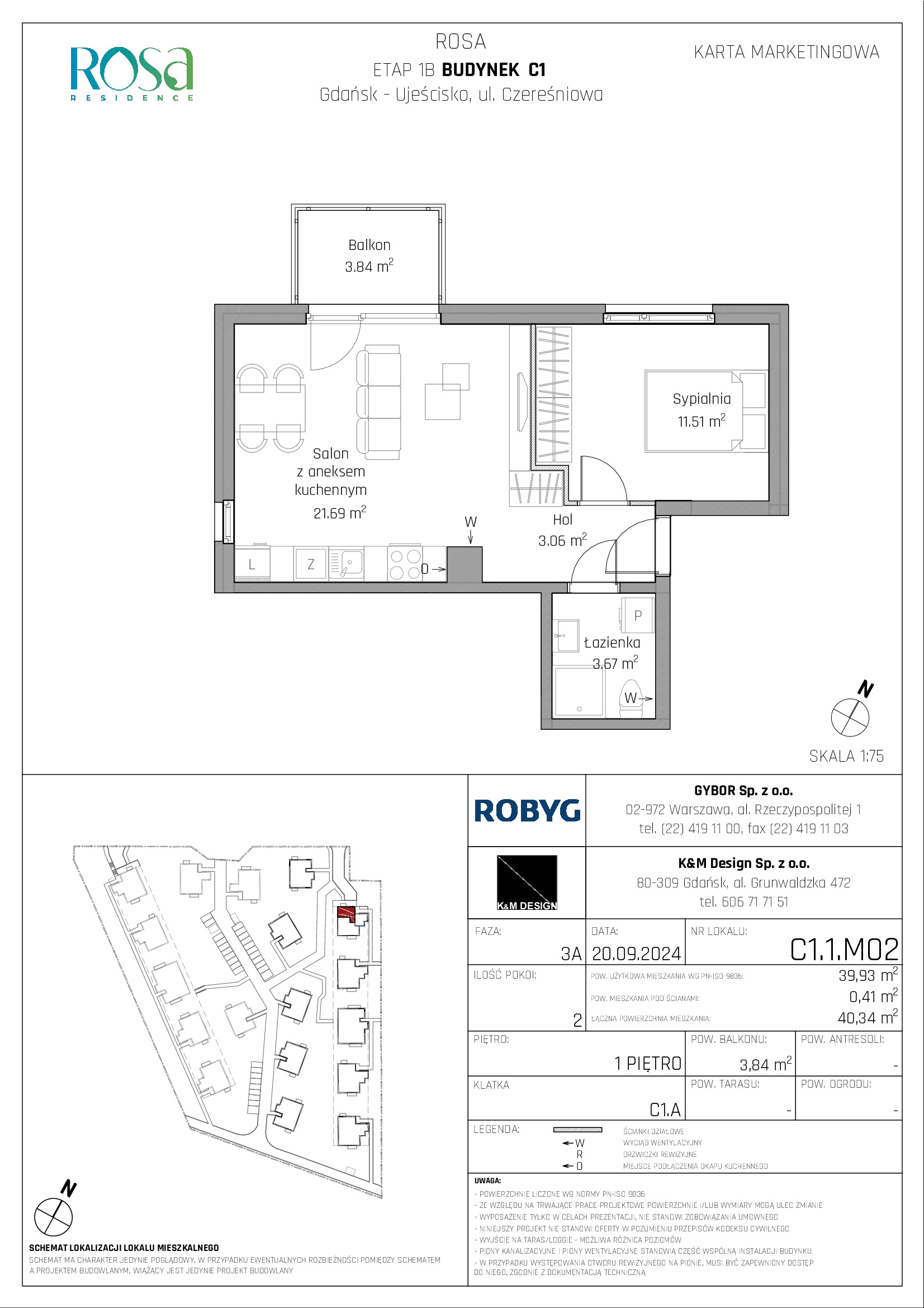 Mieszkanie 39,93 m², piętro 1, oferta nr C1.1M02, ROSA Residence, Gdańsk, Ujeścisko-Łostowice, Ujeścisko, ul. Śliwkowa-idx