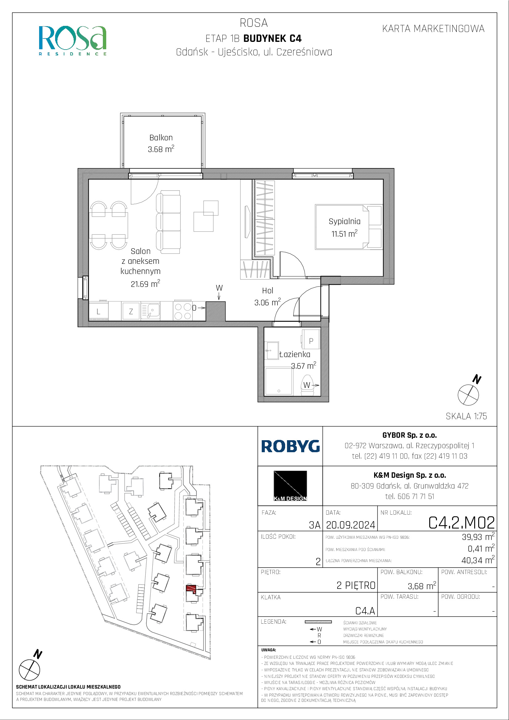 Mieszkanie 39,93 m², piętro 2, oferta nr C4.2M02, ROSA Residence, Gdańsk, Ujeścisko-Łostowice, Ujeścisko, ul. Śliwkowa-idx