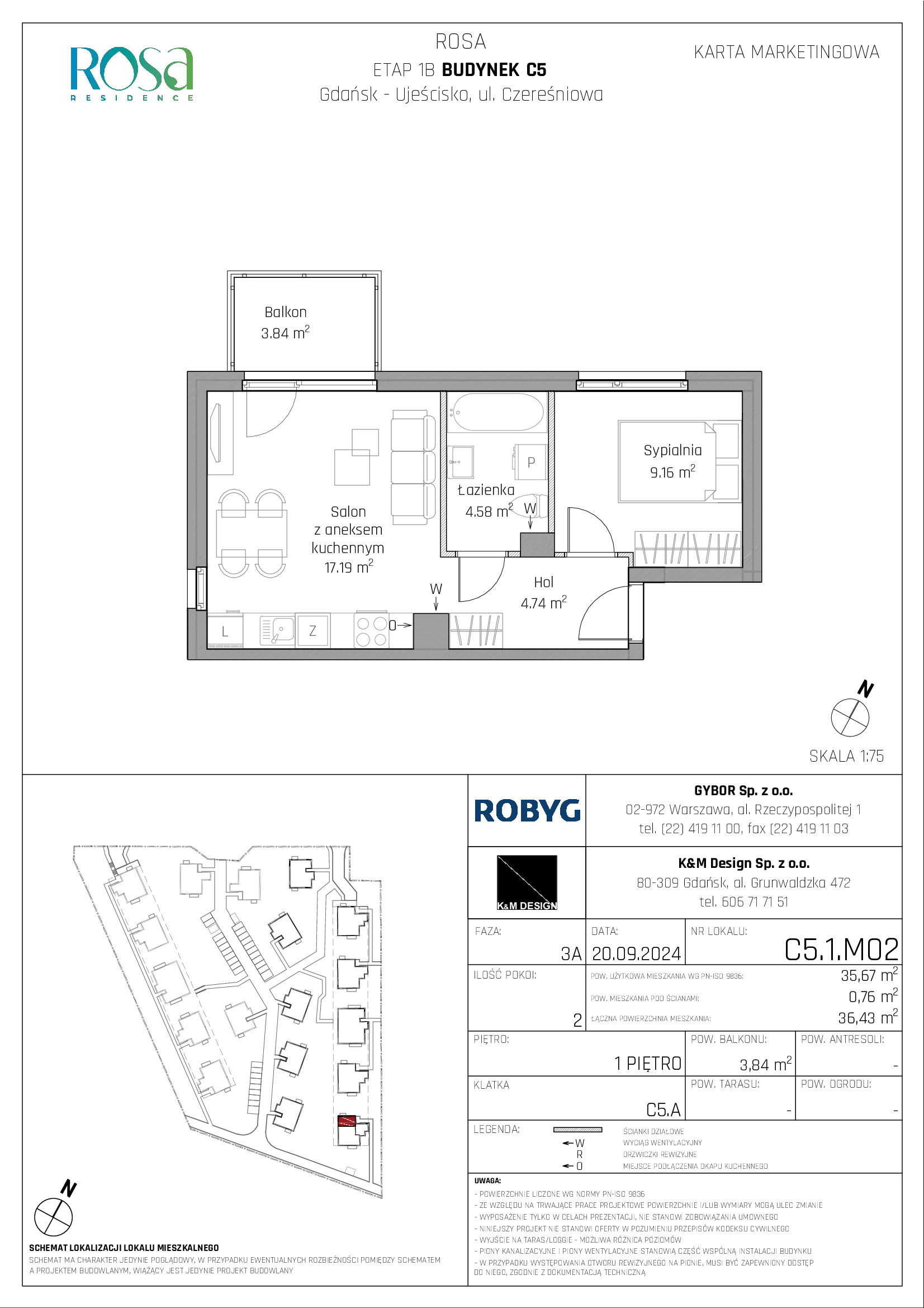 Mieszkanie 35,67 m², piętro 1, oferta nr C5.1M02, ROSA Residence, Gdańsk, Ujeścisko-Łostowice, Ujeścisko, ul. Śliwkowa-idx