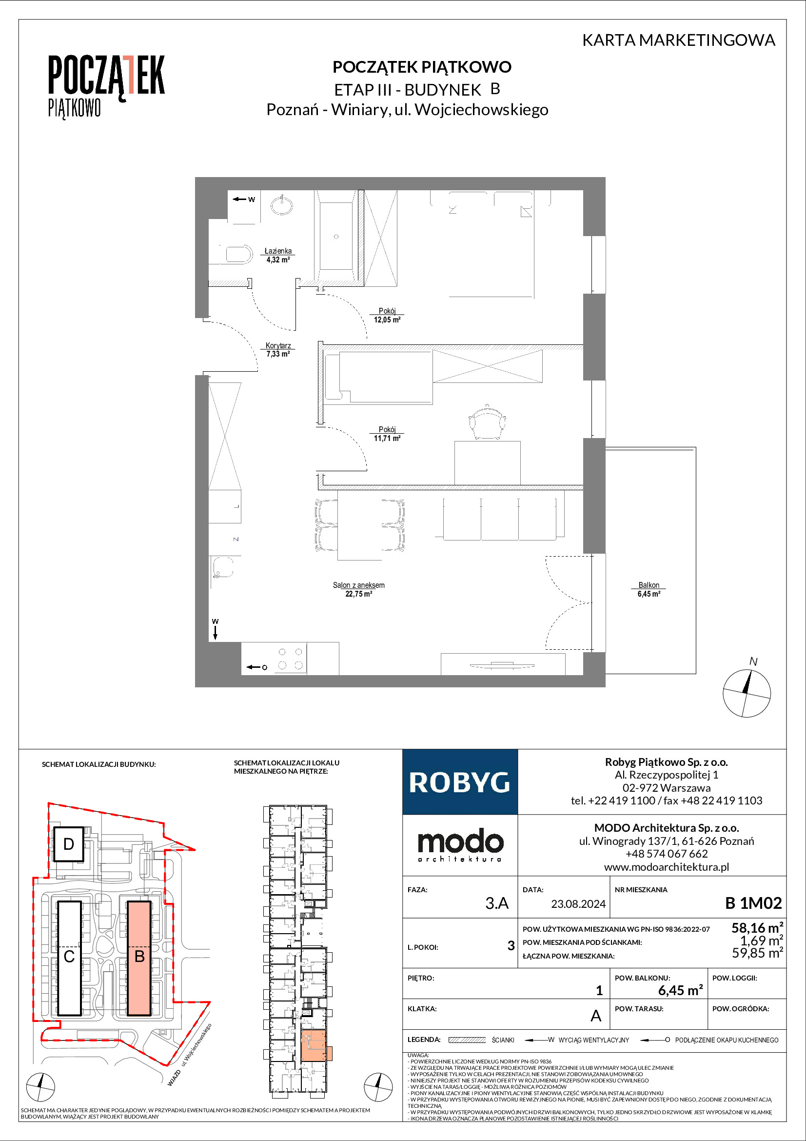 Mieszkanie 58,16 m², piętro 1, oferta nr B.1M02, Początek Piątkowo, Poznań, Piątkowo, ul. Wojciechowskiego-idx