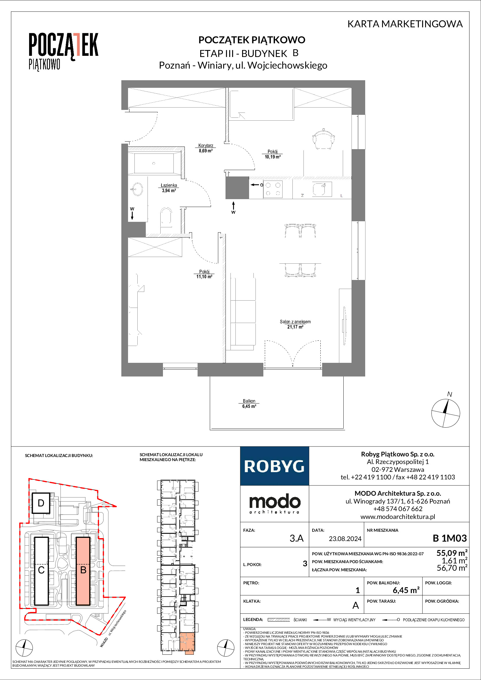 Mieszkanie 55,09 m², piętro 1, oferta nr B.1M03, Początek Piątkowo, Poznań, Piątkowo, ul. Wojciechowskiego-idx