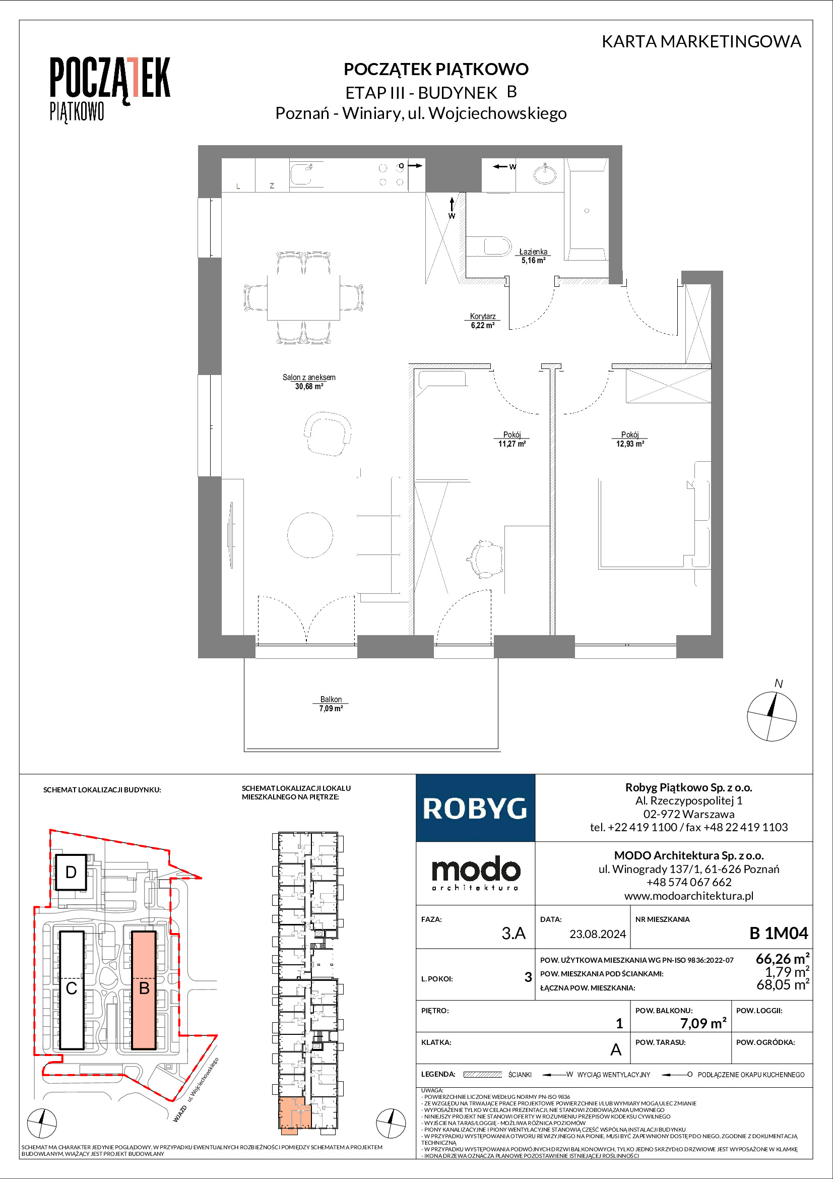 Mieszkanie 66,26 m², piętro 1, oferta nr B.1M04, Początek Piątkowo, Poznań, Piątkowo, ul. Wojciechowskiego-idx