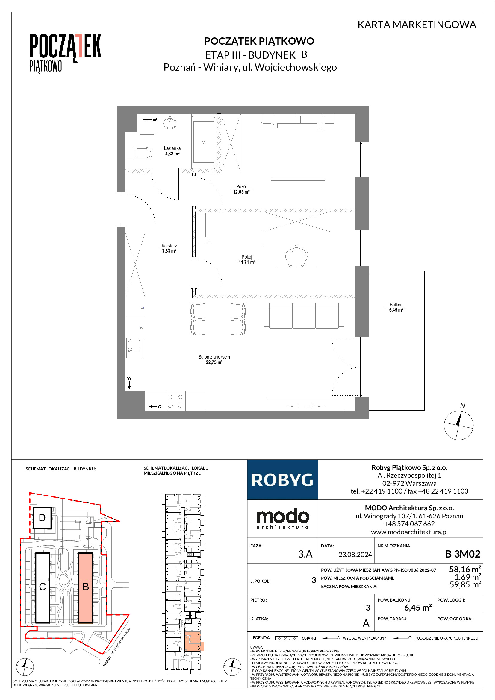 Mieszkanie 58,16 m², piętro 3, oferta nr B.3M02, Początek Piątkowo, Poznań, Piątkowo, ul. Wojciechowskiego-idx