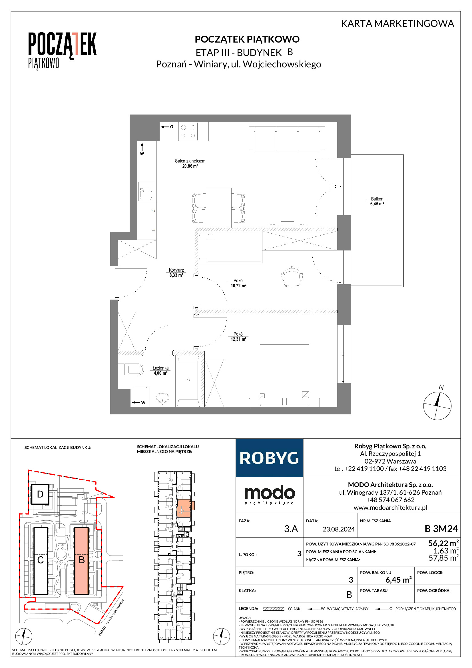 Mieszkanie 56,22 m², piętro 3, oferta nr B.3M24, Początek Piątkowo, Poznań, Piątkowo, ul. Wojciechowskiego-idx