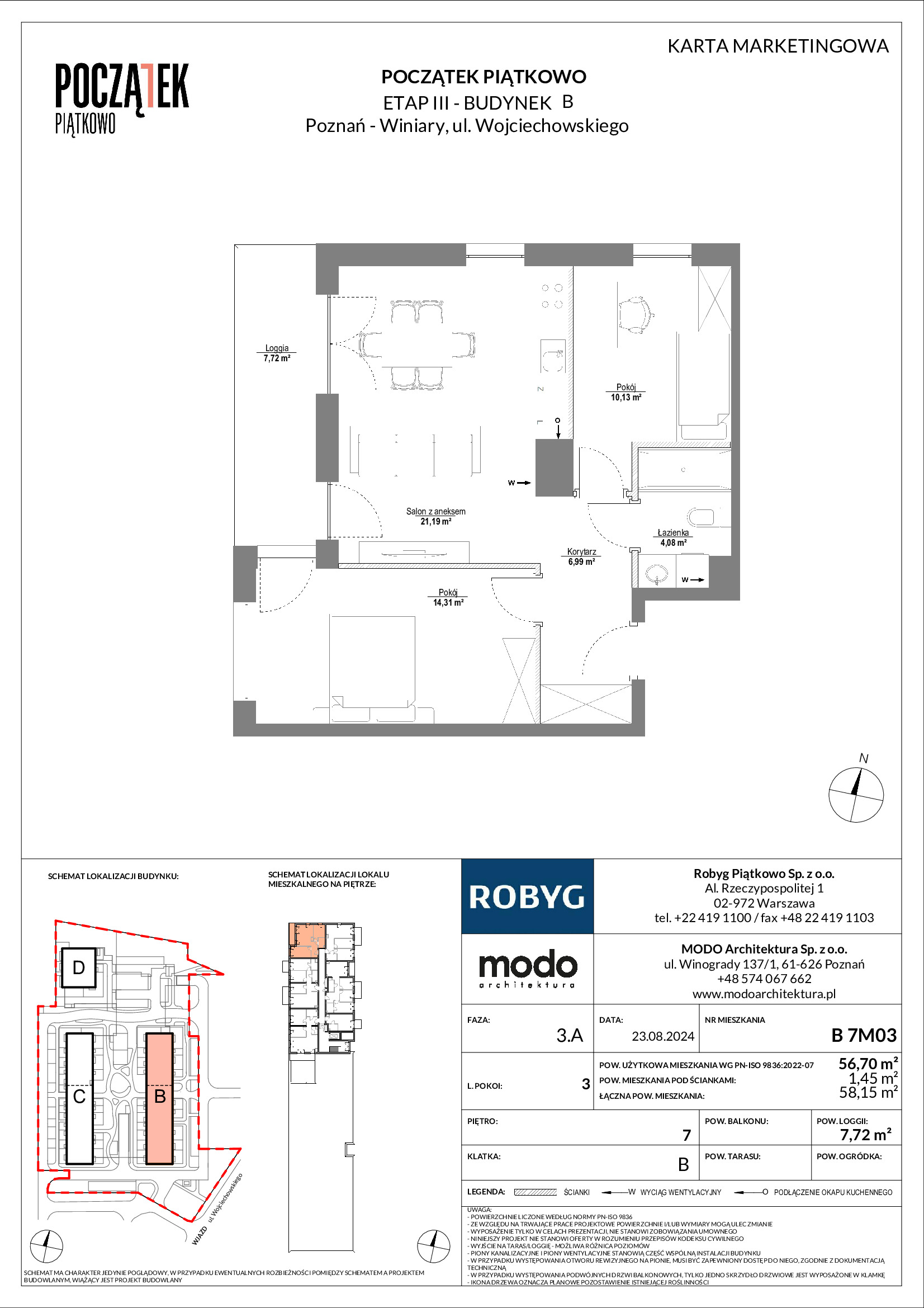 Mieszkanie 56,70 m², piętro 7, oferta nr B.7M03, Początek Piątkowo, Poznań, Piątkowo, ul. Wojciechowskiego-idx