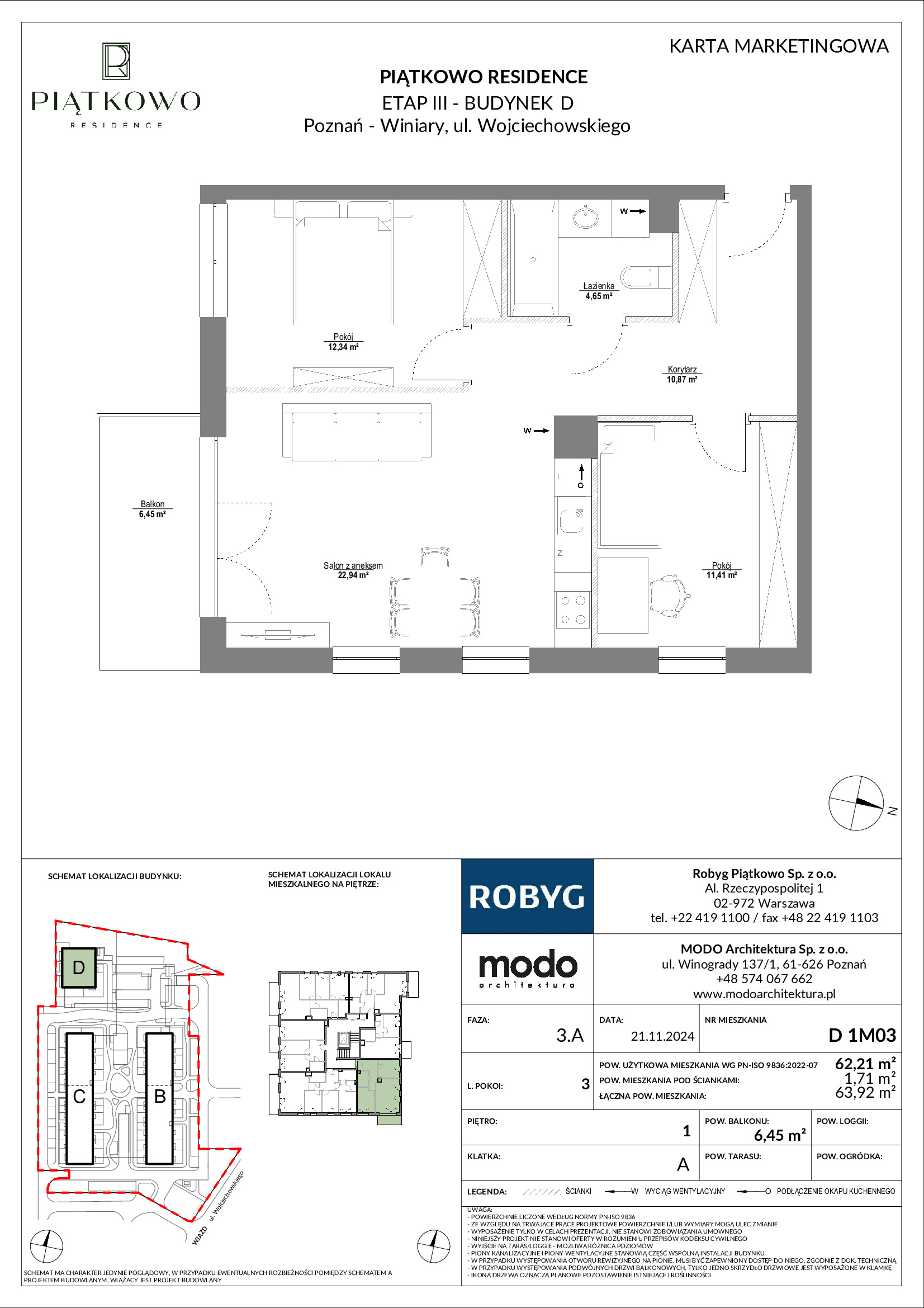 Mieszkanie 62,21 m², piętro 1, oferta nr D.1M03, Piątkowo Residence, Poznań, Piątkowo, Piątkowo, ul. Wojciechowskiego-idx