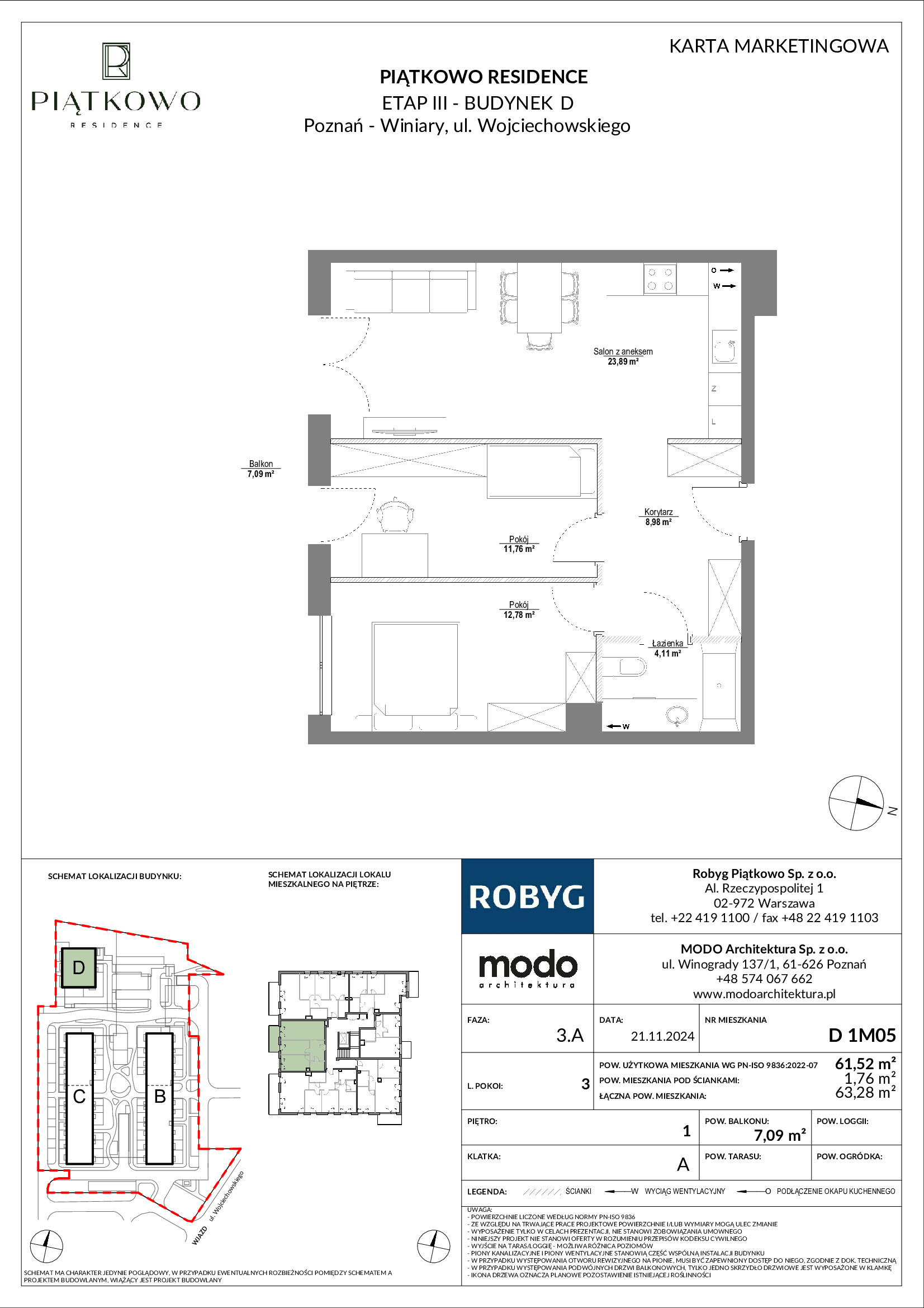 Mieszkanie 61,52 m², piętro 1, oferta nr D.1M05, Piątkowo Residence, Poznań, Piątkowo, Piątkowo, ul. Wojciechowskiego-idx