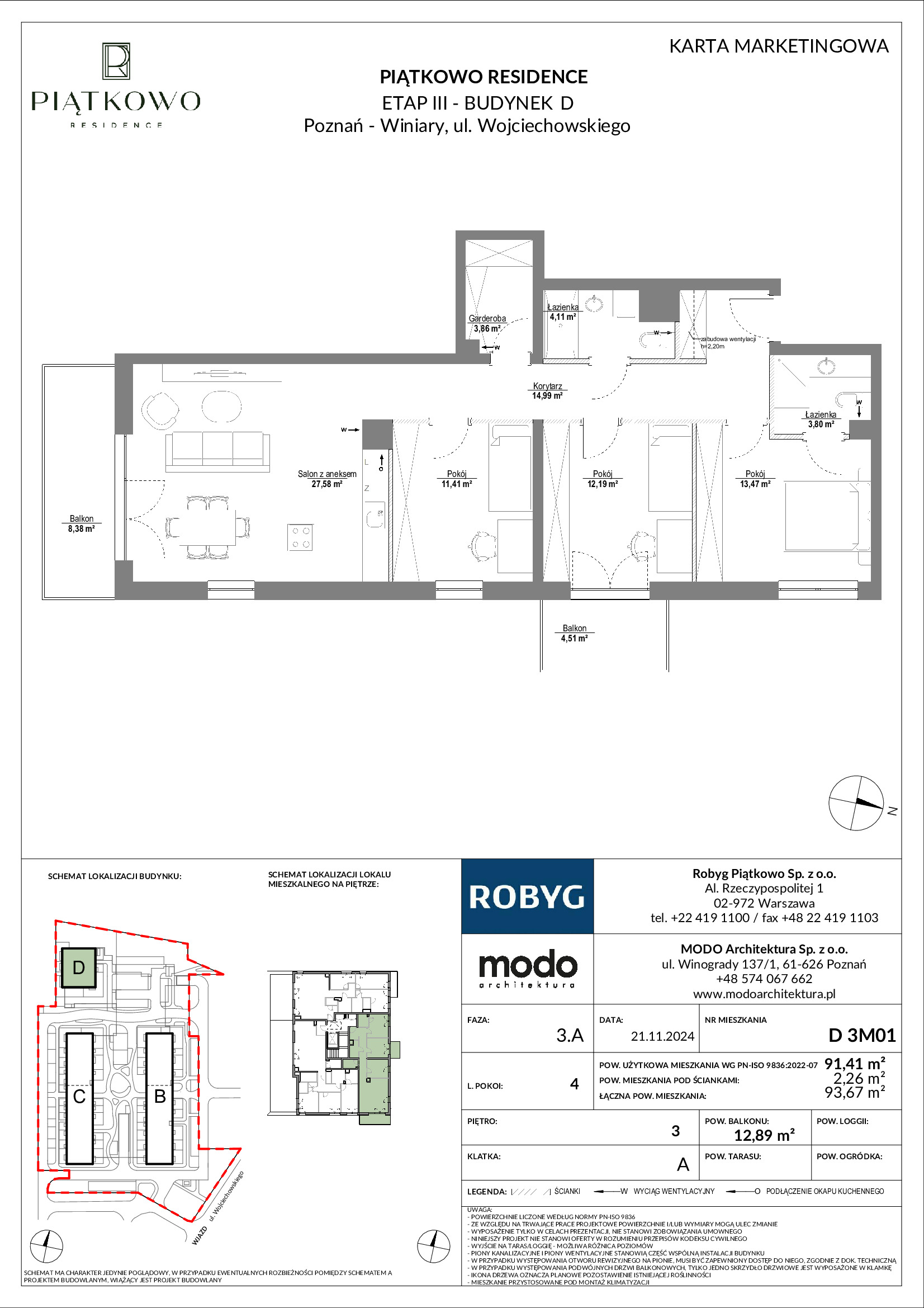 Mieszkanie 91,41 m², piętro 3, oferta nr D.3M01, Piątkowo Residence, Poznań, Piątkowo, Piątkowo, ul. Wojciechowskiego-idx