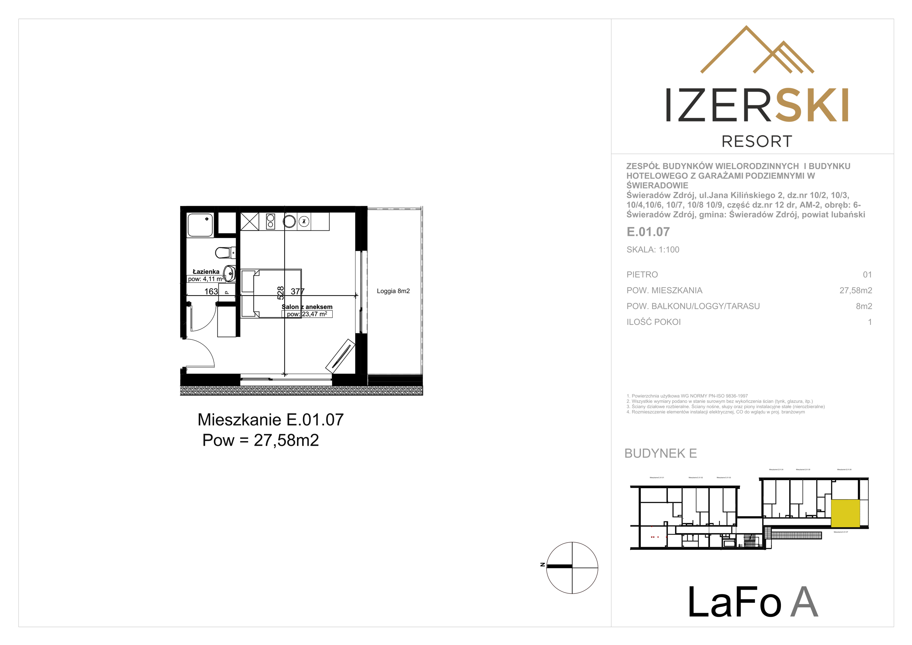 Apartament inwestycyjny 27,56 m², piętro 1, oferta nr E.01.07, IzerSKI Resort, Świeradów-Zdrój, ul. Jana Kilińskiego 2-idx