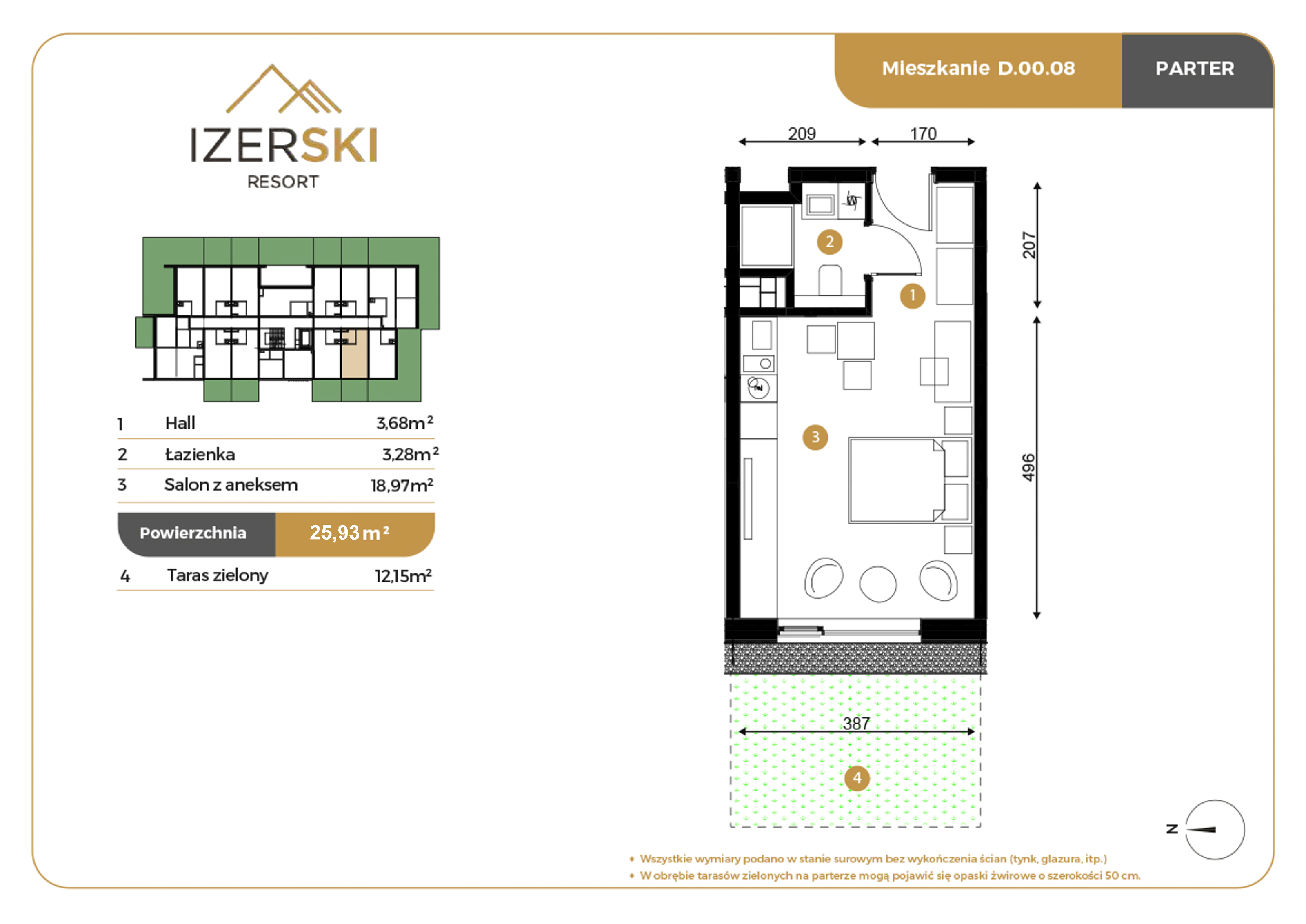 Apartament inwestycyjny 25,93 m², parter, oferta nr D.00.08, IzerSKI Resort, Świeradów-Zdrój, ul. Jana Kilińskiego 2-idx