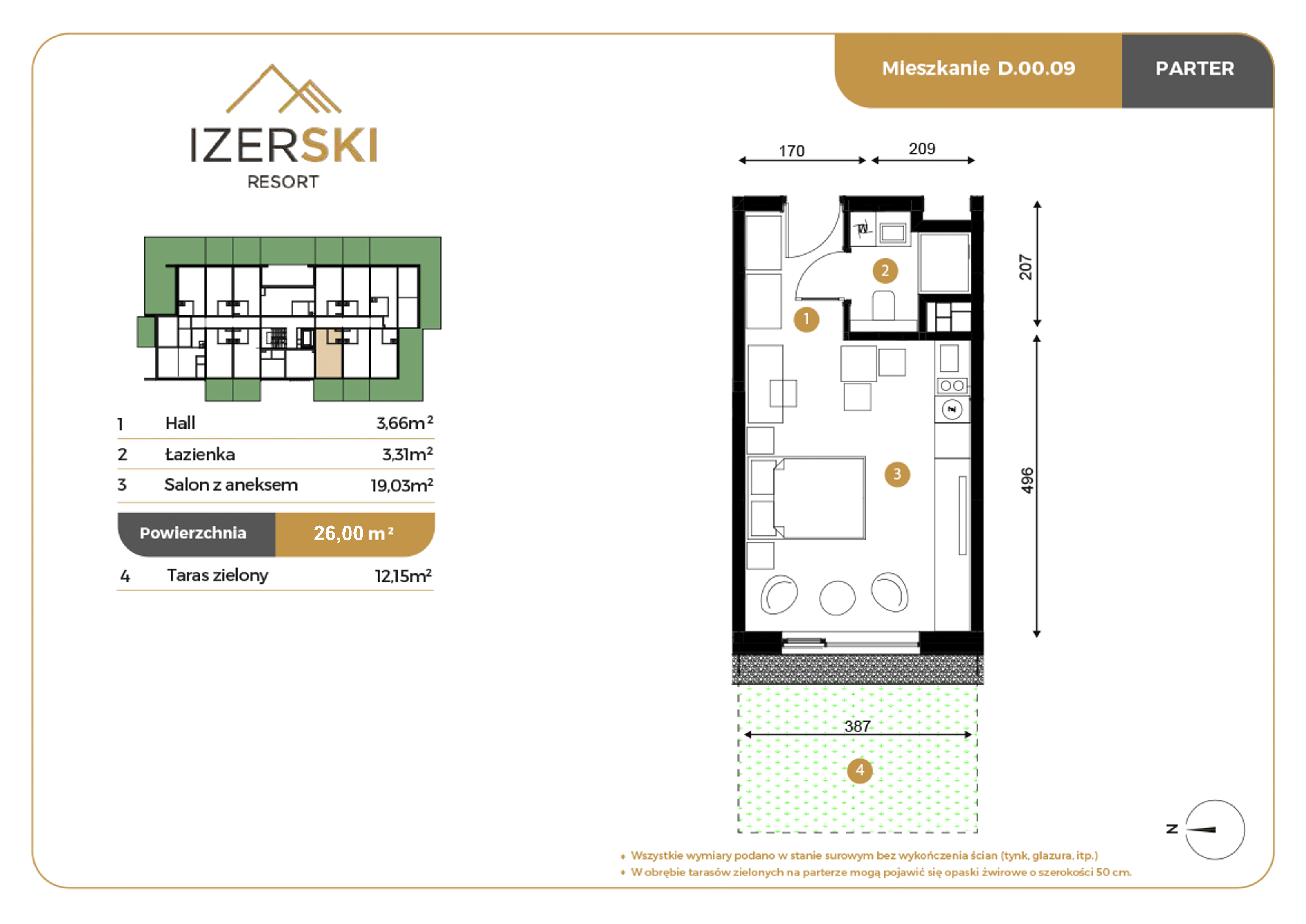 Apartament inwestycyjny 26,00 m², parter, oferta nr D.00.09, IzerSKI Resort, Świeradów-Zdrój, ul. Jana Kilińskiego 2-idx