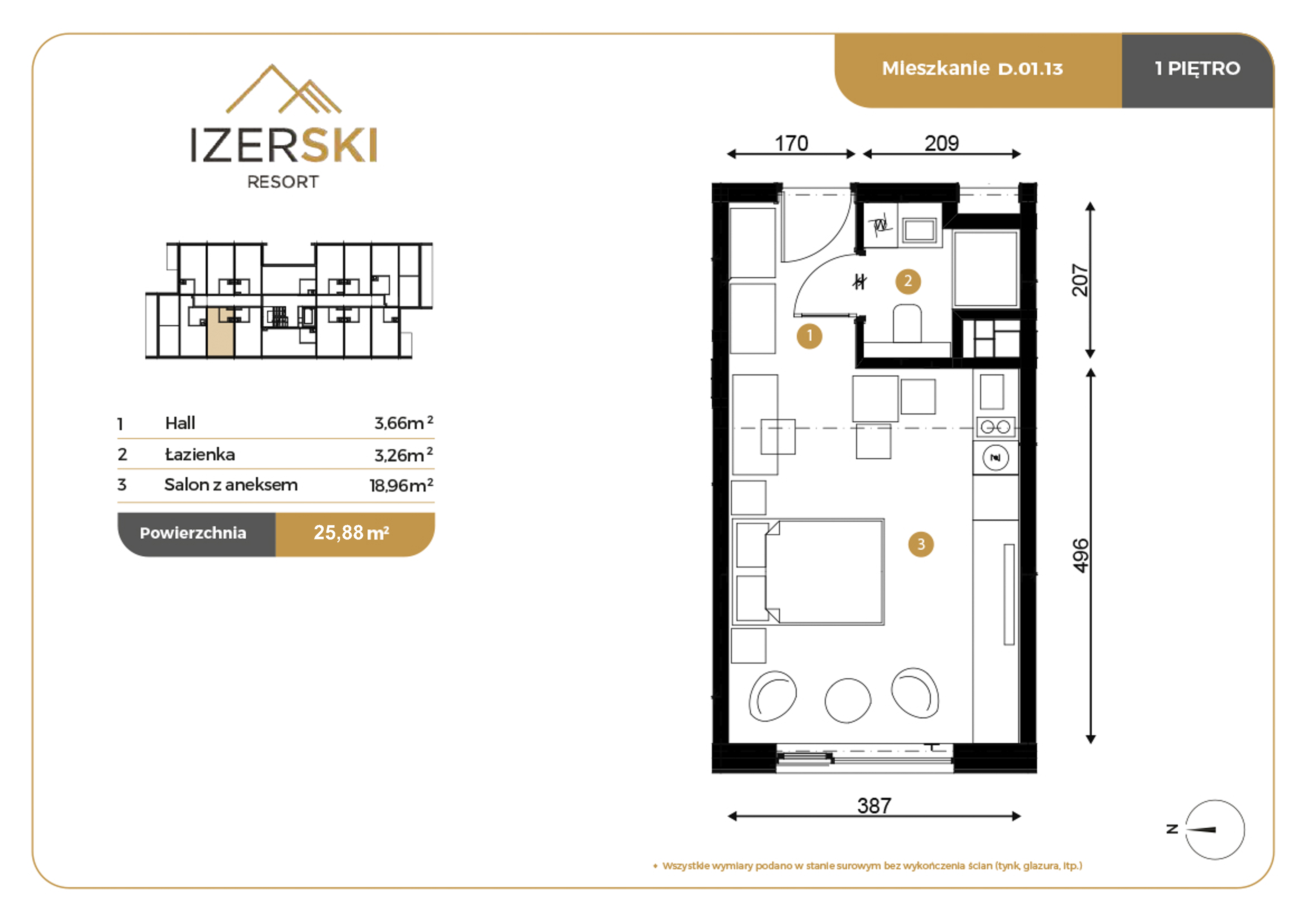 Apartament inwestycyjny 25,88 m², piętro 1, oferta nr D.01.13, IzerSKI Resort, Świeradów-Zdrój, ul. Jana Kilińskiego 2-idx