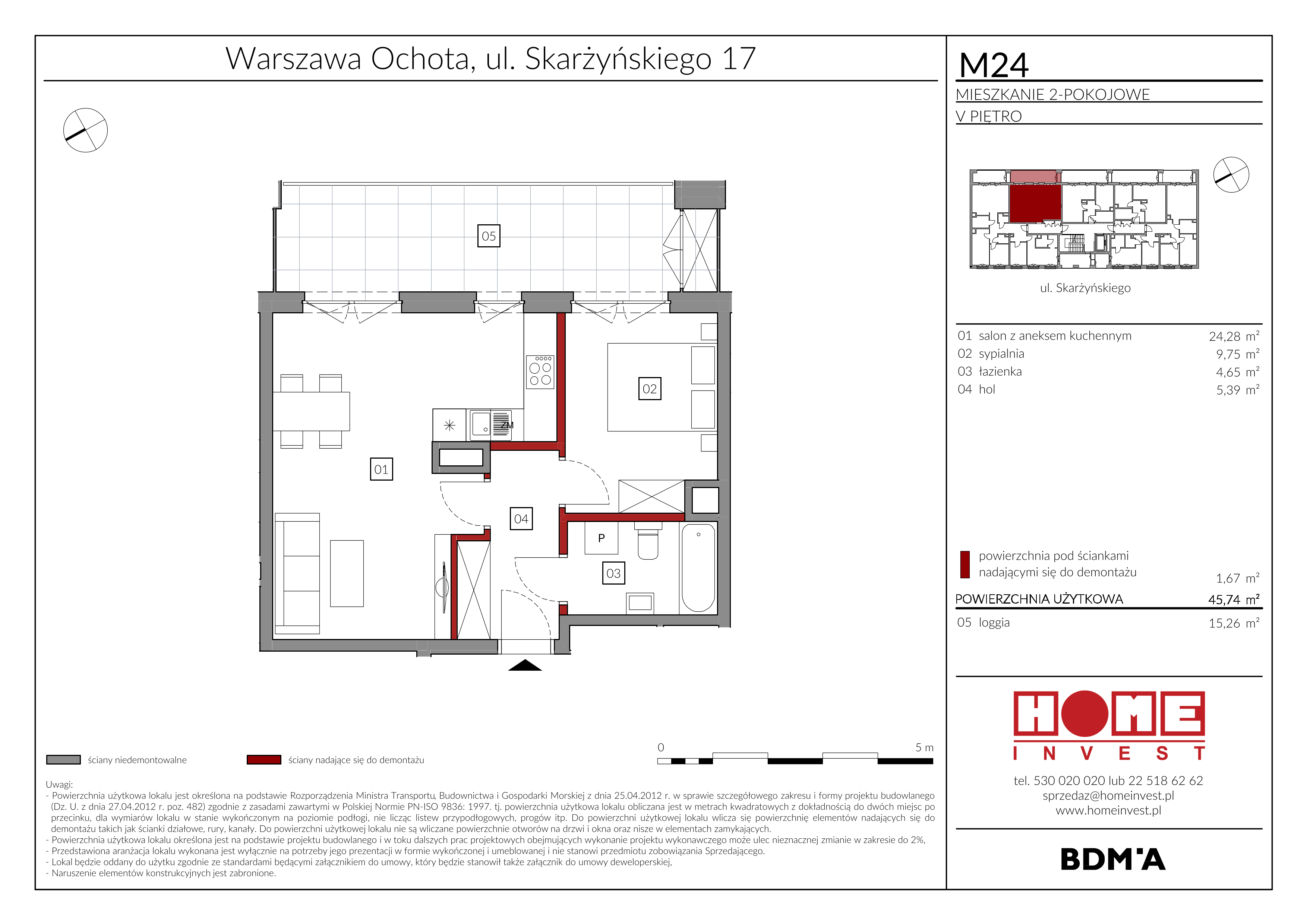 Mieszkanie 45,74 m², piętro 5, oferta nr M24, Rezydencja Ochota, Warszawa, Ochota, Szczęśliwice, ul. Skarżyńskiego 17-idx