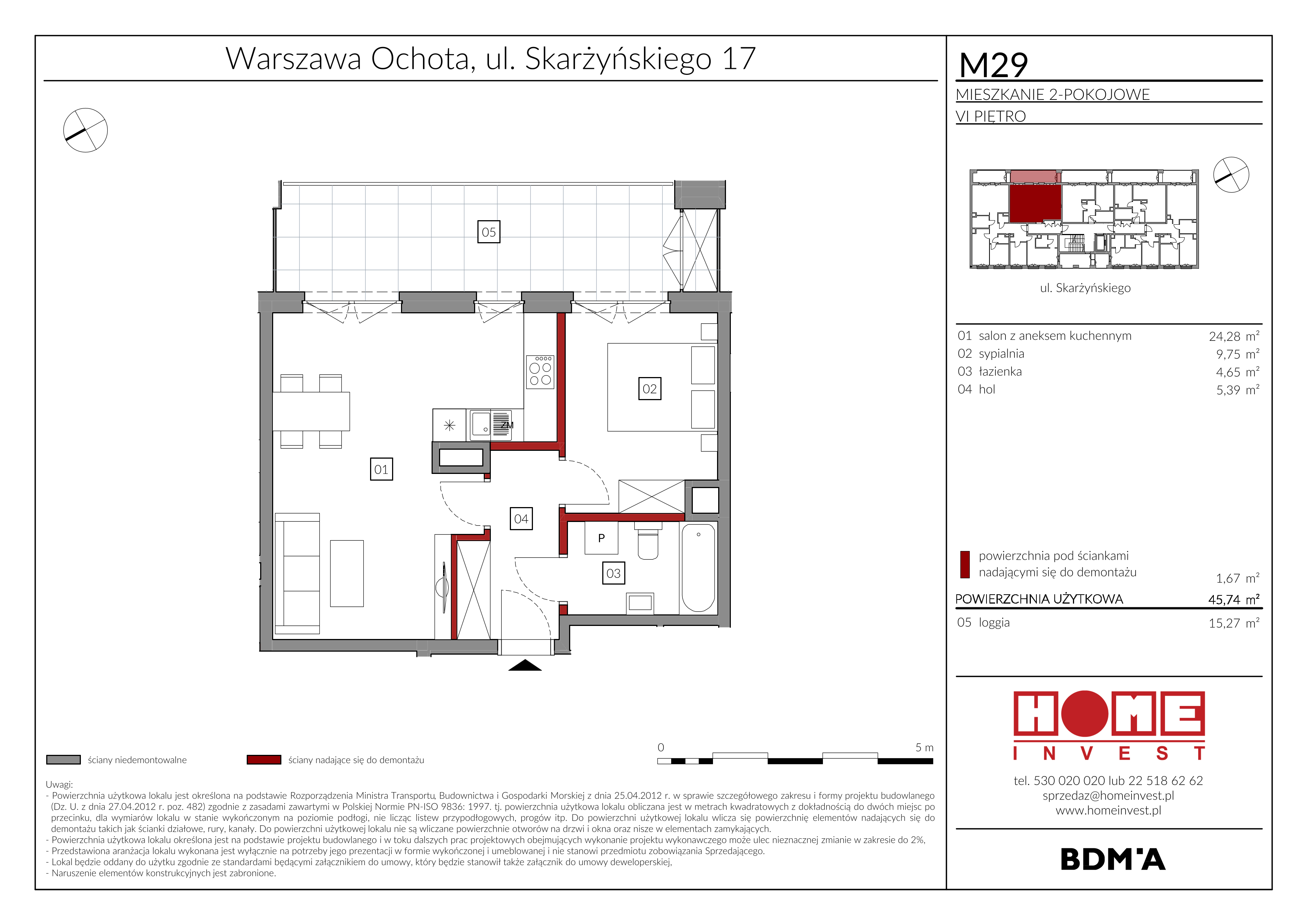 Mieszkanie 45,74 m², piętro 6, oferta nr M29, Rezydencja Ochota, Warszawa, Ochota, Szczęśliwice, ul. Skarżyńskiego 17-idx