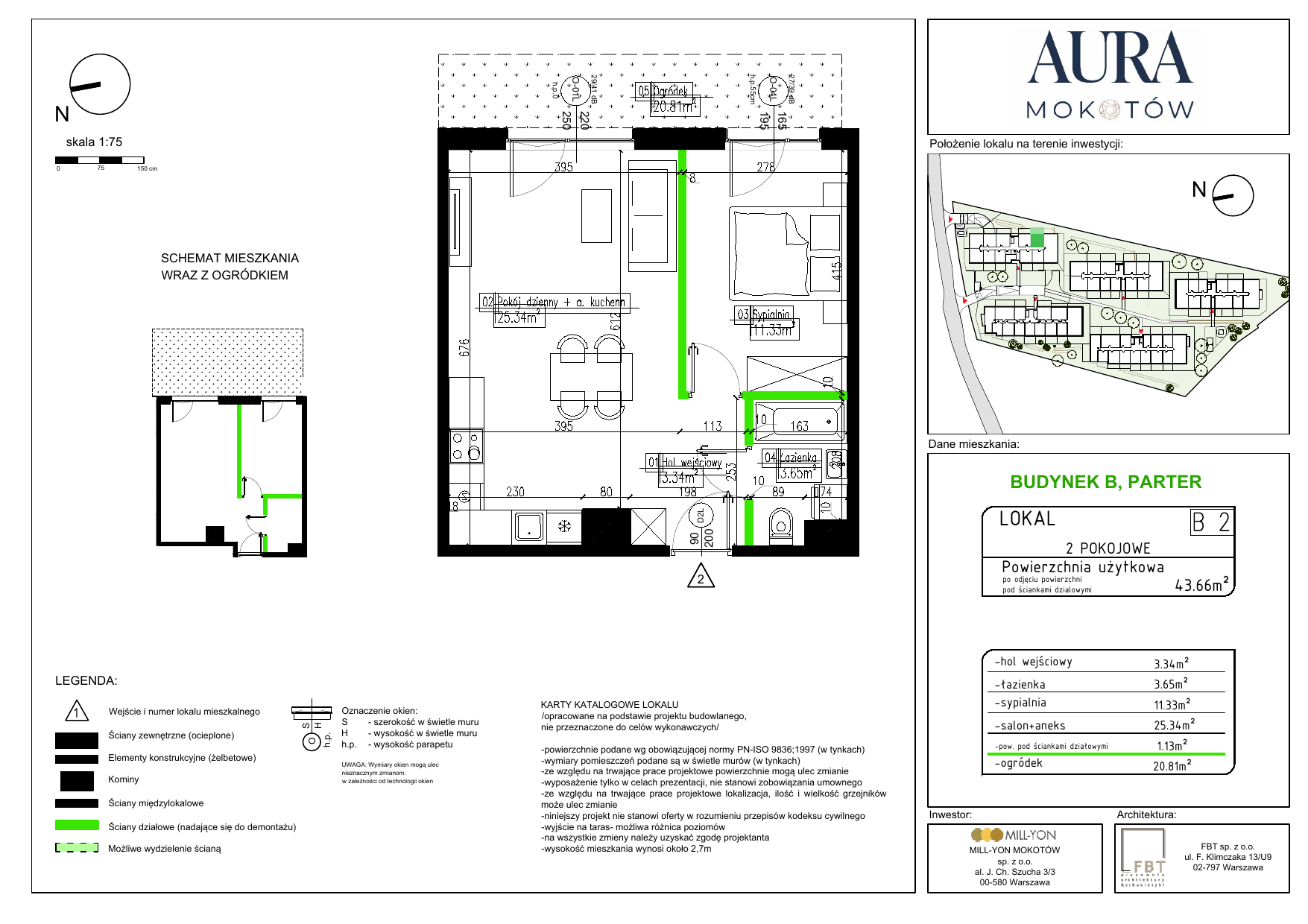 Mieszkanie 43,66 m², parter, oferta nr B2, Aura Mokotów I, Warszawa, Mokotów, Siekierki, ul. Bluszczańska-idx