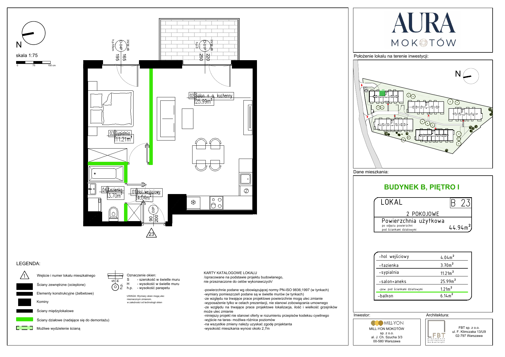 Mieszkanie 44,94 m², piętro 1, oferta nr B23, Aura Mokotów I, Warszawa, Mokotów, Siekierki, ul. Bluszczańska-idx