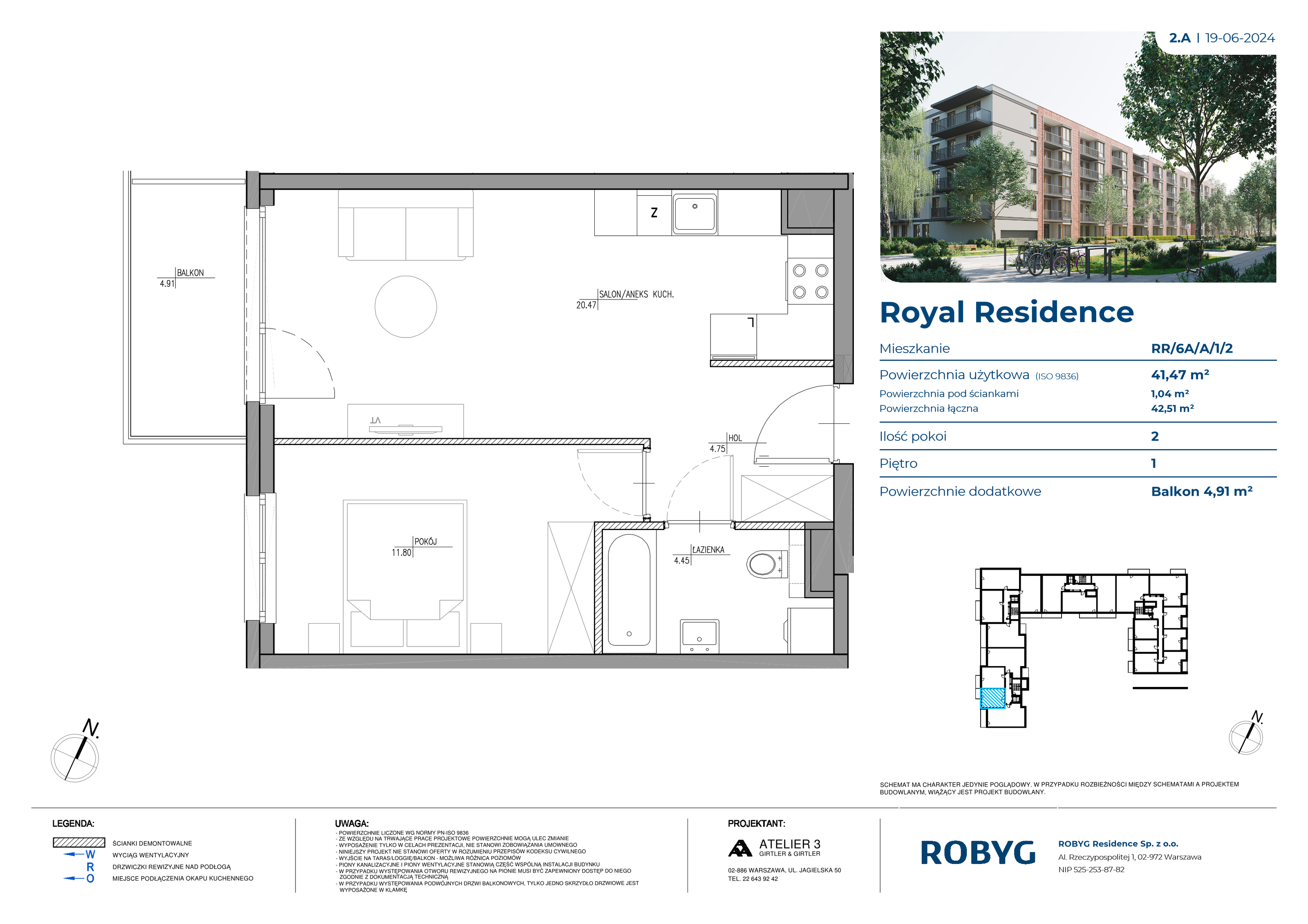 Mieszkanie 41,47 m², piętro 1, oferta nr RR/6A/A/1/2, Royal Residence 6A, Warszawa, Wilanów, Błonia Wilanowskie, ul. Sarmacka-idx