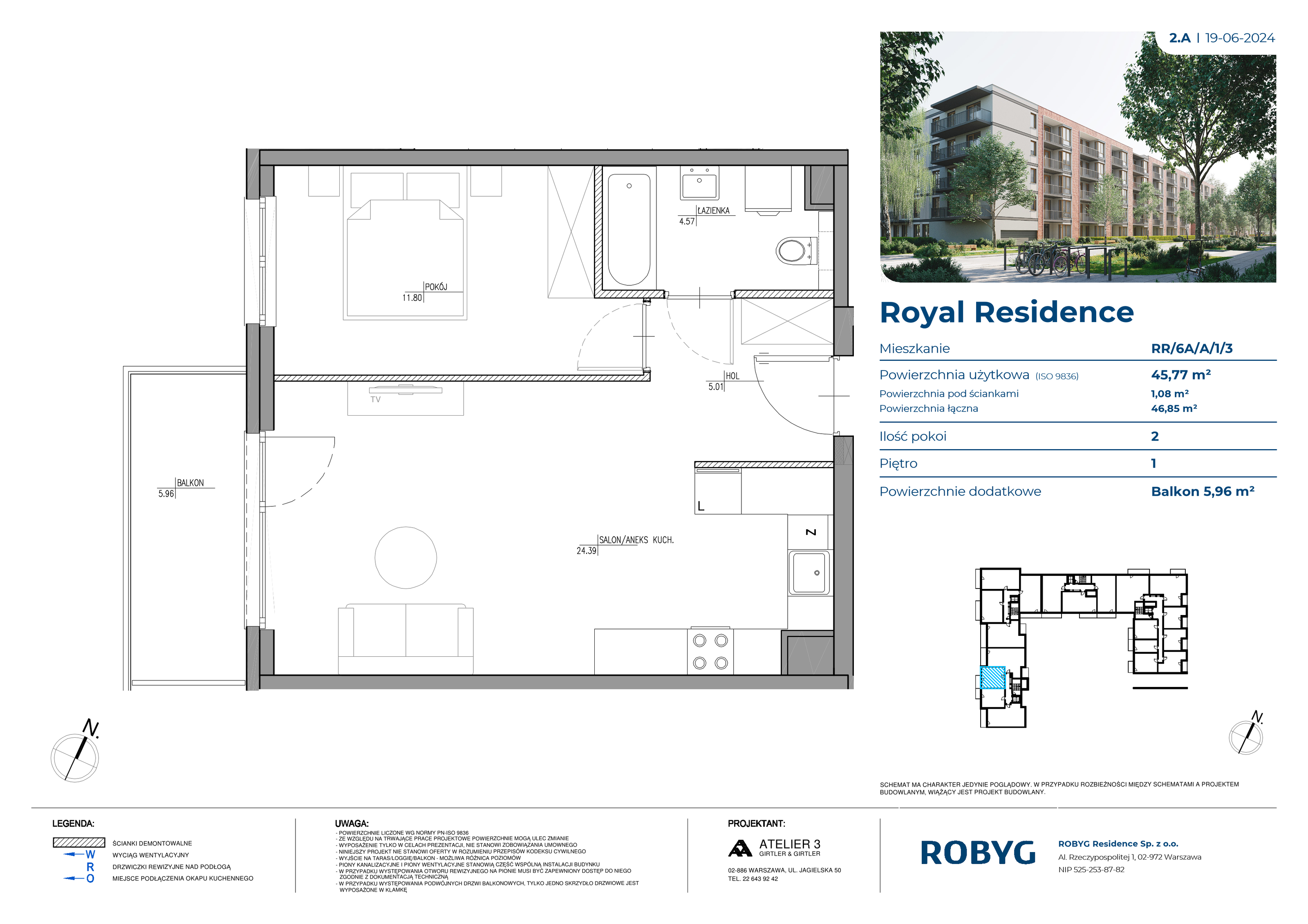 Mieszkanie 45,77 m², piętro 1, oferta nr RR/6A/A/1/3, Royal Residence 6A, Warszawa, Wilanów, Błonia Wilanowskie, ul. Sarmacka-idx