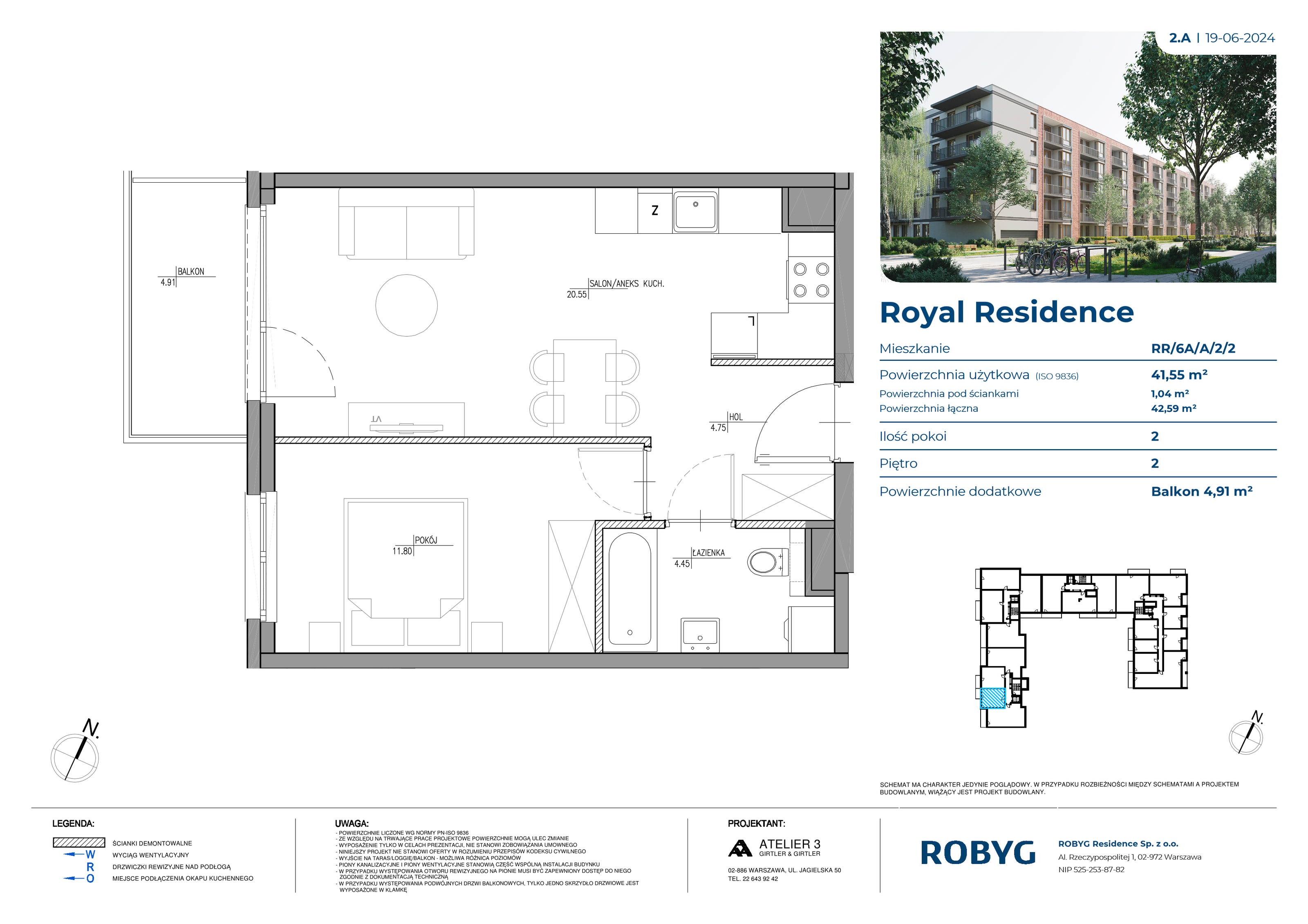 Mieszkanie 41,55 m², piętro 2, oferta nr RR/6A/A/2/2, Royal Residence 6A, Warszawa, Wilanów, Błonia Wilanowskie, ul. Sarmacka-idx