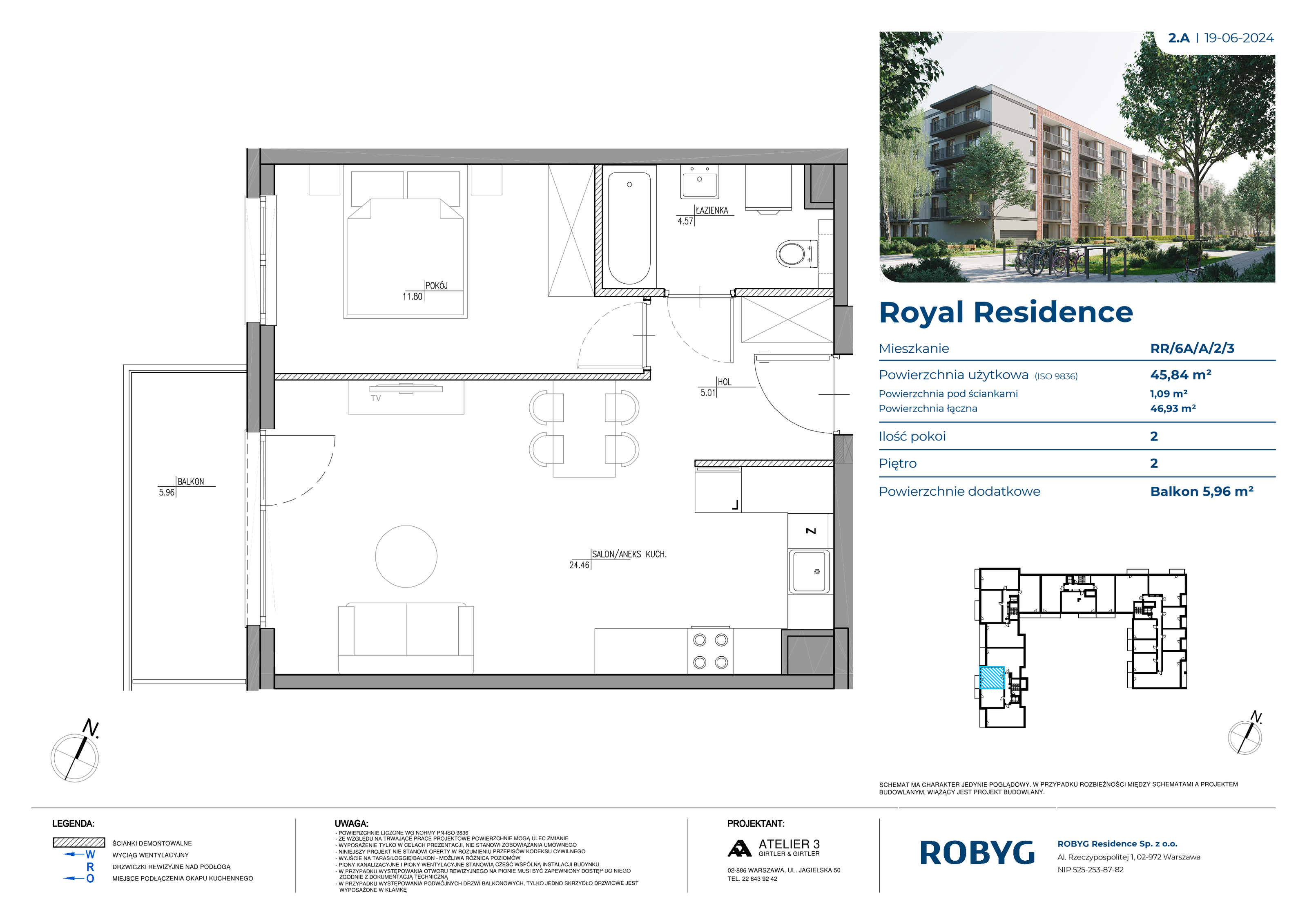 Mieszkanie 45,84 m², piętro 2, oferta nr RR/6A/A/2/3, Royal Residence 6A, Warszawa, Wilanów, Błonia Wilanowskie, ul. Sarmacka-idx