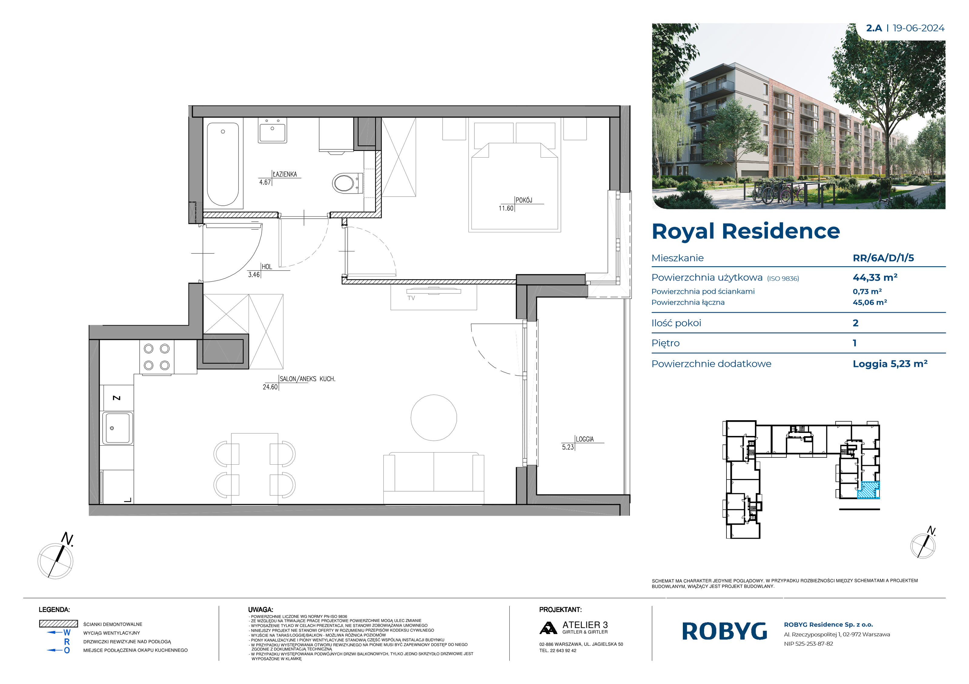 Mieszkanie 44,33 m², piętro 1, oferta nr RR/6A/D/1/5, Royal Residence 6A, Warszawa, Wilanów, Błonia Wilanowskie, ul. Sarmacka-idx