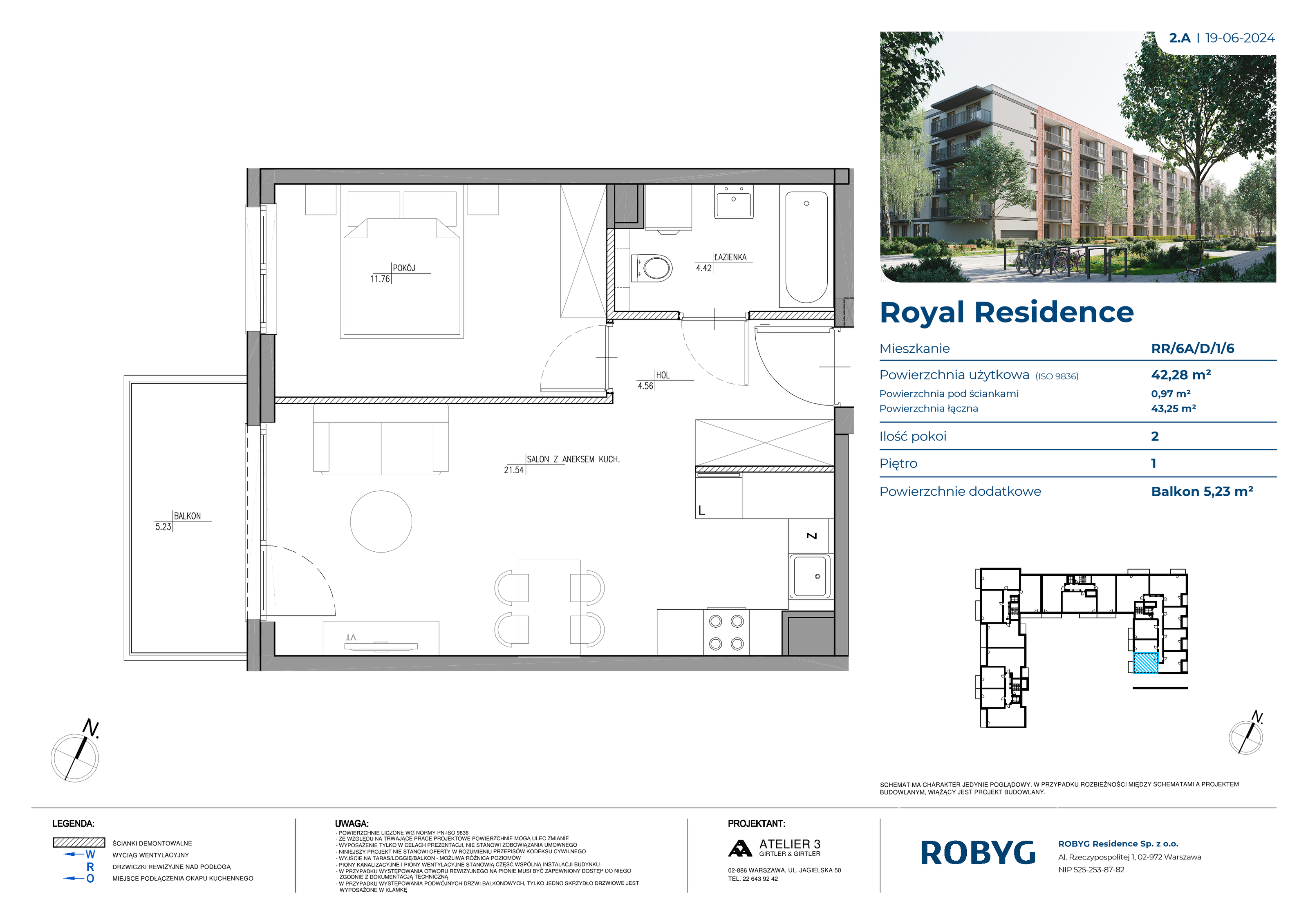 Mieszkanie 42,28 m², piętro 1, oferta nr RR/6A/D/1/6, Royal Residence 6A, Warszawa, Wilanów, Błonia Wilanowskie, ul. Sarmacka-idx