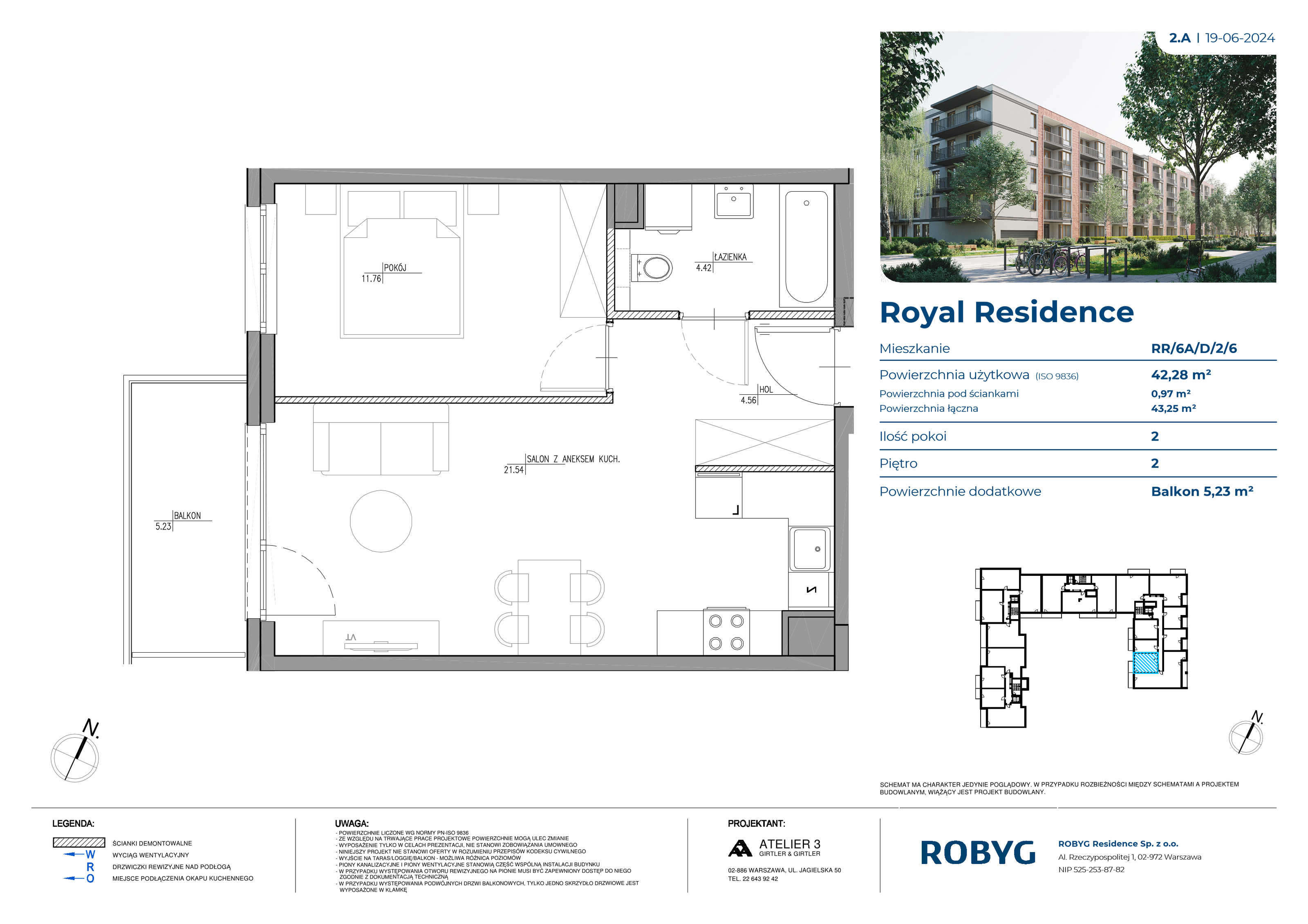 Mieszkanie 42,28 m², piętro 2, oferta nr RR/6A/D/2/6, Royal Residence 6A, Warszawa, Wilanów, Błonia Wilanowskie, ul. Sarmacka-idx