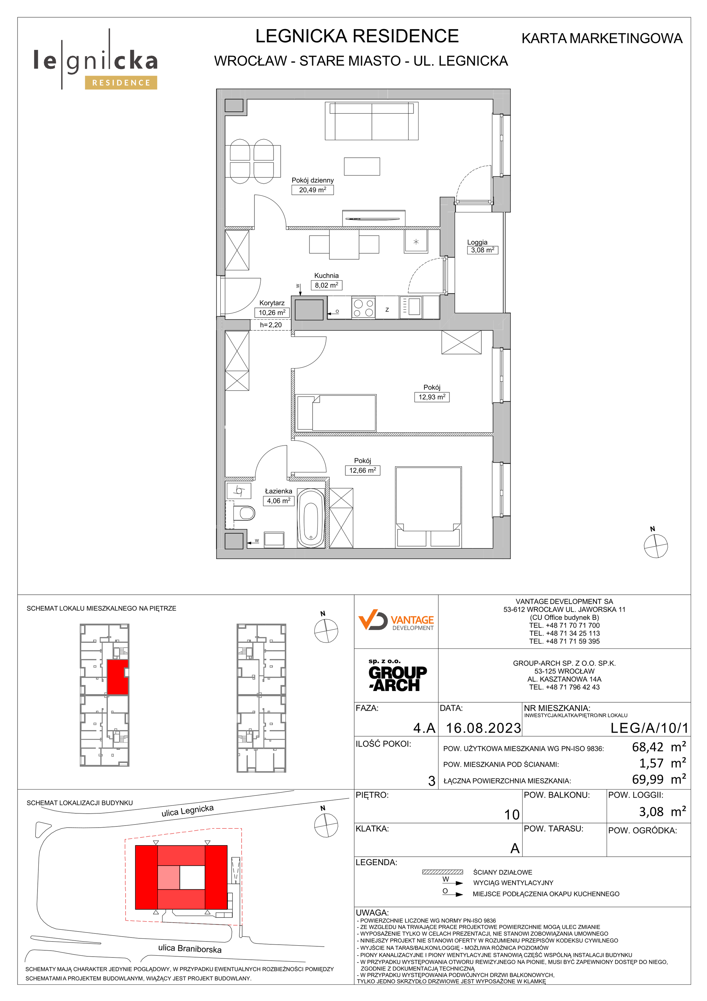 Apartament inwestycyjny 68,42 m², piętro 10, oferta nr LEG/A/10/1, Legnicka Residence, Wrocław, Szczepin, ul. Legnicka 36-idx