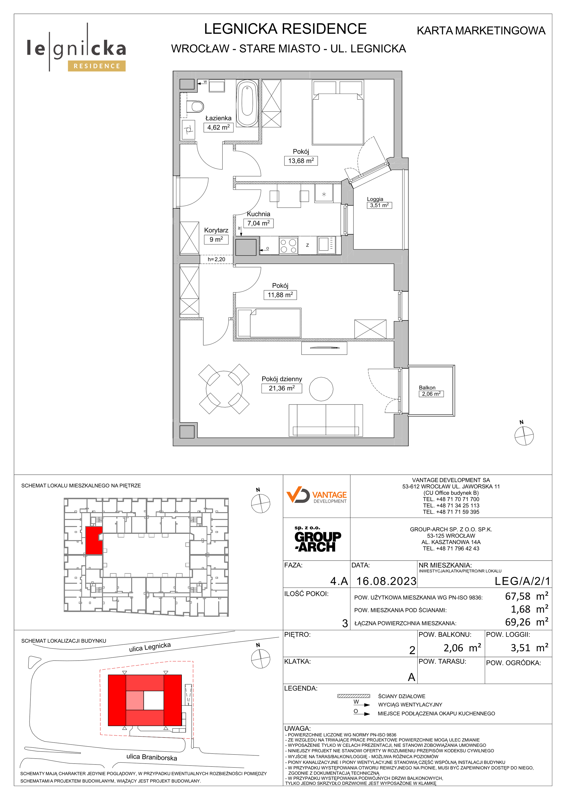 Apartament inwestycyjny 67,58 m², piętro 2, oferta nr LEG/A/2/1, Legnicka Residence, Wrocław, Szczepin, ul. Legnicka 36-idx