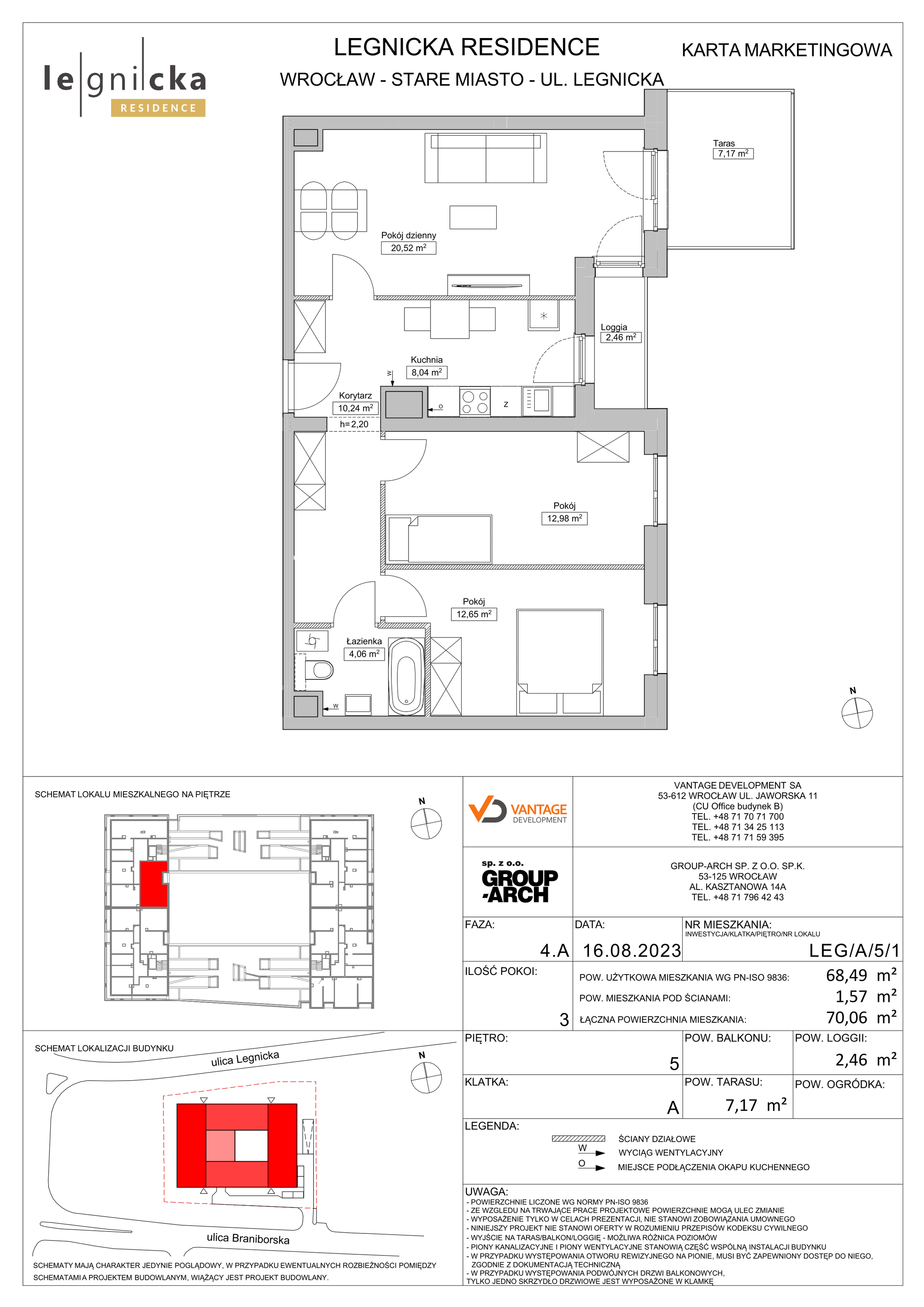 Apartament inwestycyjny 68,49 m², piętro 5, oferta nr LEG/A/5/1, Legnicka Residence, Wrocław, Szczepin, ul. Legnicka 36-idx