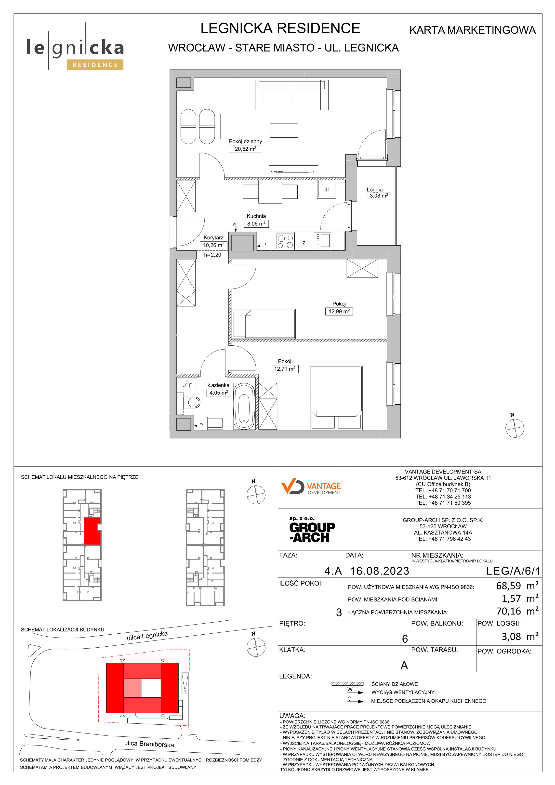 Apartament inwestycyjny 68,59 m², piętro 6, oferta nr LEG/A/6/1, Legnicka Residence, Wrocław, Szczepin, ul. Legnicka 36-idx