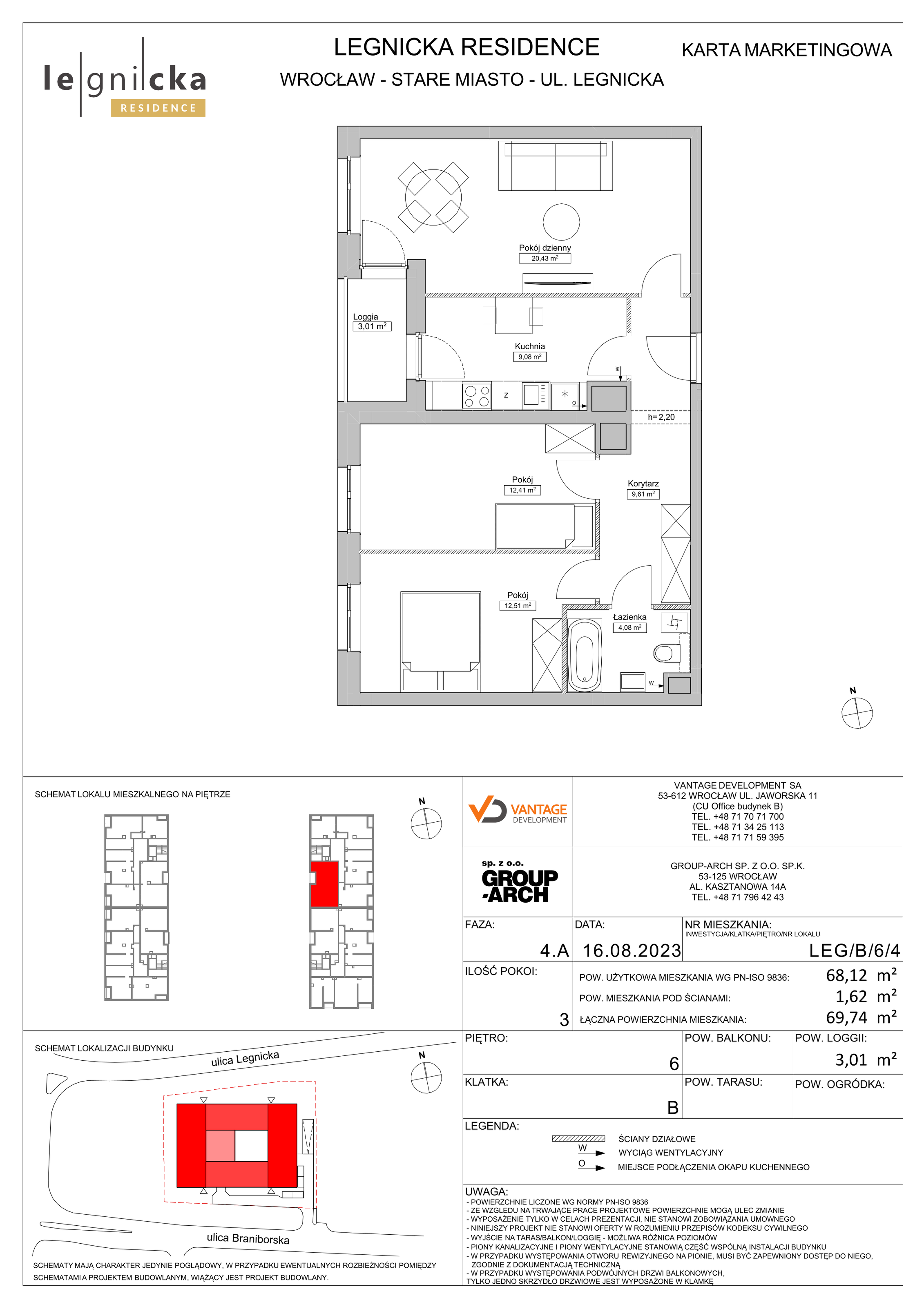 Apartament inwestycyjny 68,12 m², piętro 6, oferta nr LEG/B/6/4, Legnicka Residence, Wrocław, Szczepin, ul. Legnicka 36-idx