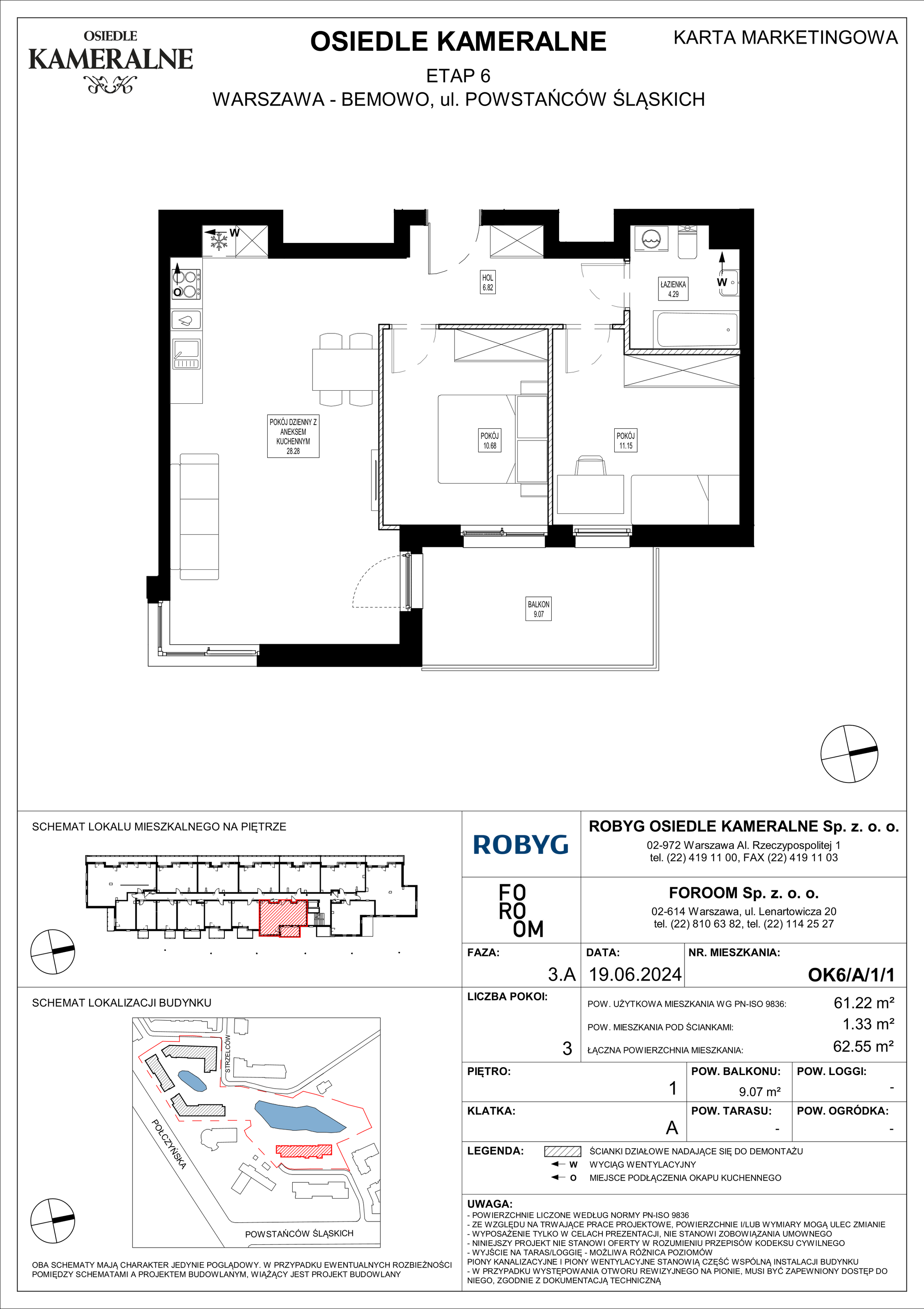 Mieszkanie 61,22 m², piętro 1, oferta nr OK6/A/1/1, Osiedle Kameralne 6, Warszawa, Bemowo, Jelonki Południowe, ul. Powstańców Śląskich / Połczyńska-idx