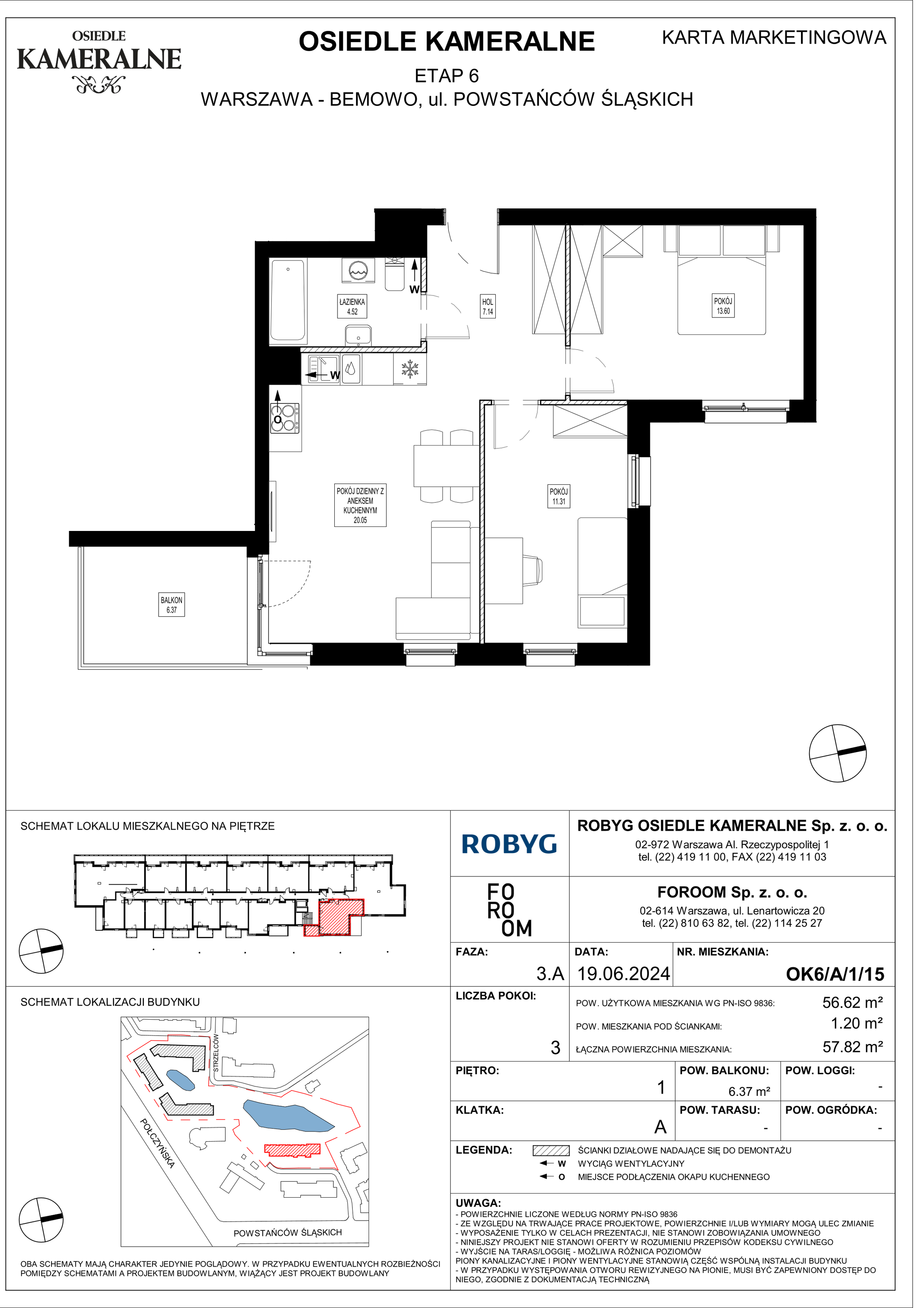 Mieszkanie 56,62 m², piętro 1, oferta nr OK6/A/1/15, Osiedle Kameralne 6, Warszawa, Bemowo, Jelonki Południowe, ul. Powstańców Śląskich / Połczyńska-idx