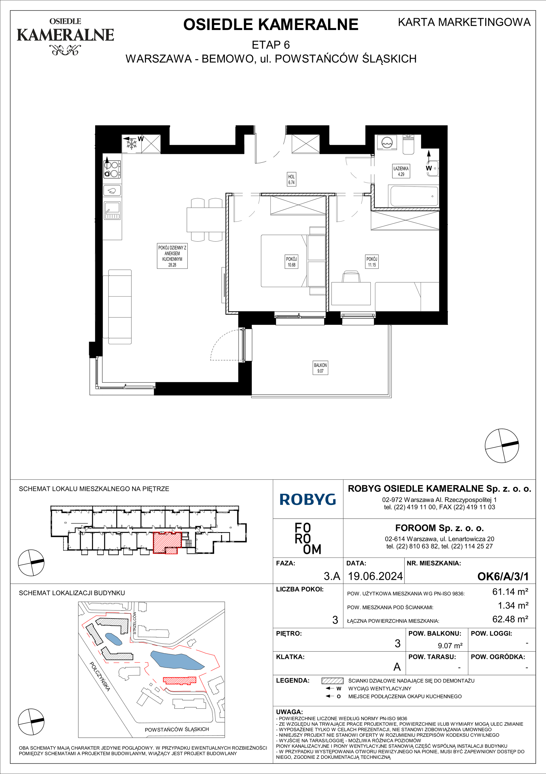 Mieszkanie 61,14 m², piętro 3, oferta nr OK6/A/3/1, Osiedle Kameralne 6, Warszawa, Bemowo, Jelonki Południowe, ul. Powstańców Śląskich / Połczyńska-idx