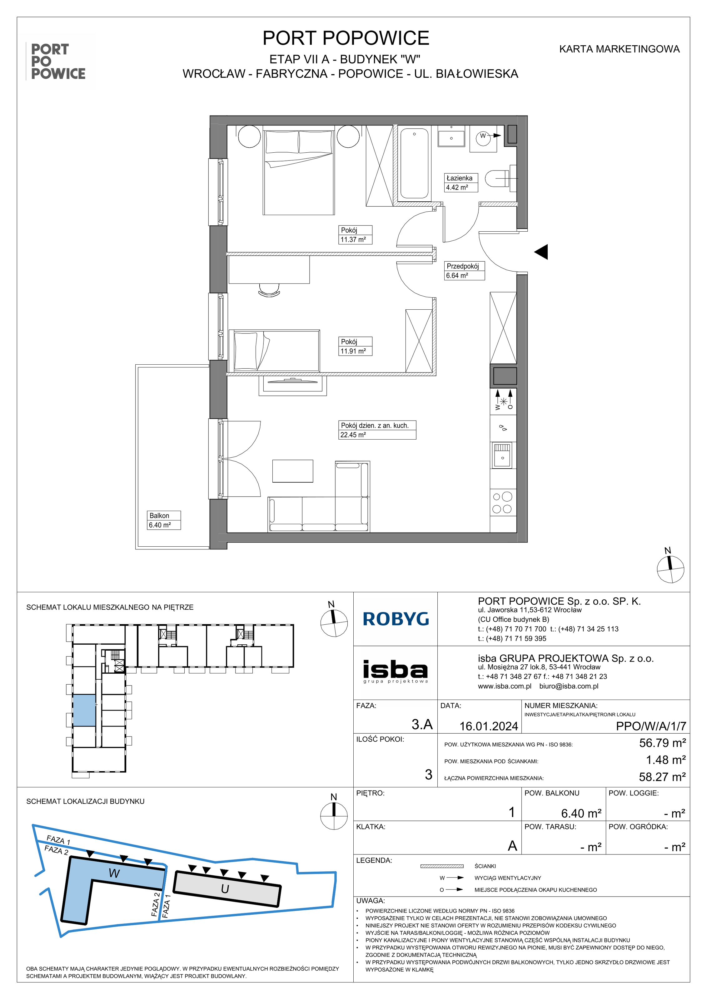 Mieszkanie 56,79 m², piętro 1, oferta nr PPO/W/A/1/7, Port Popowice, Wrocław, Pilczyce-Kozanów-Popowice Północne, Popowice, ul. Białowieska-idx