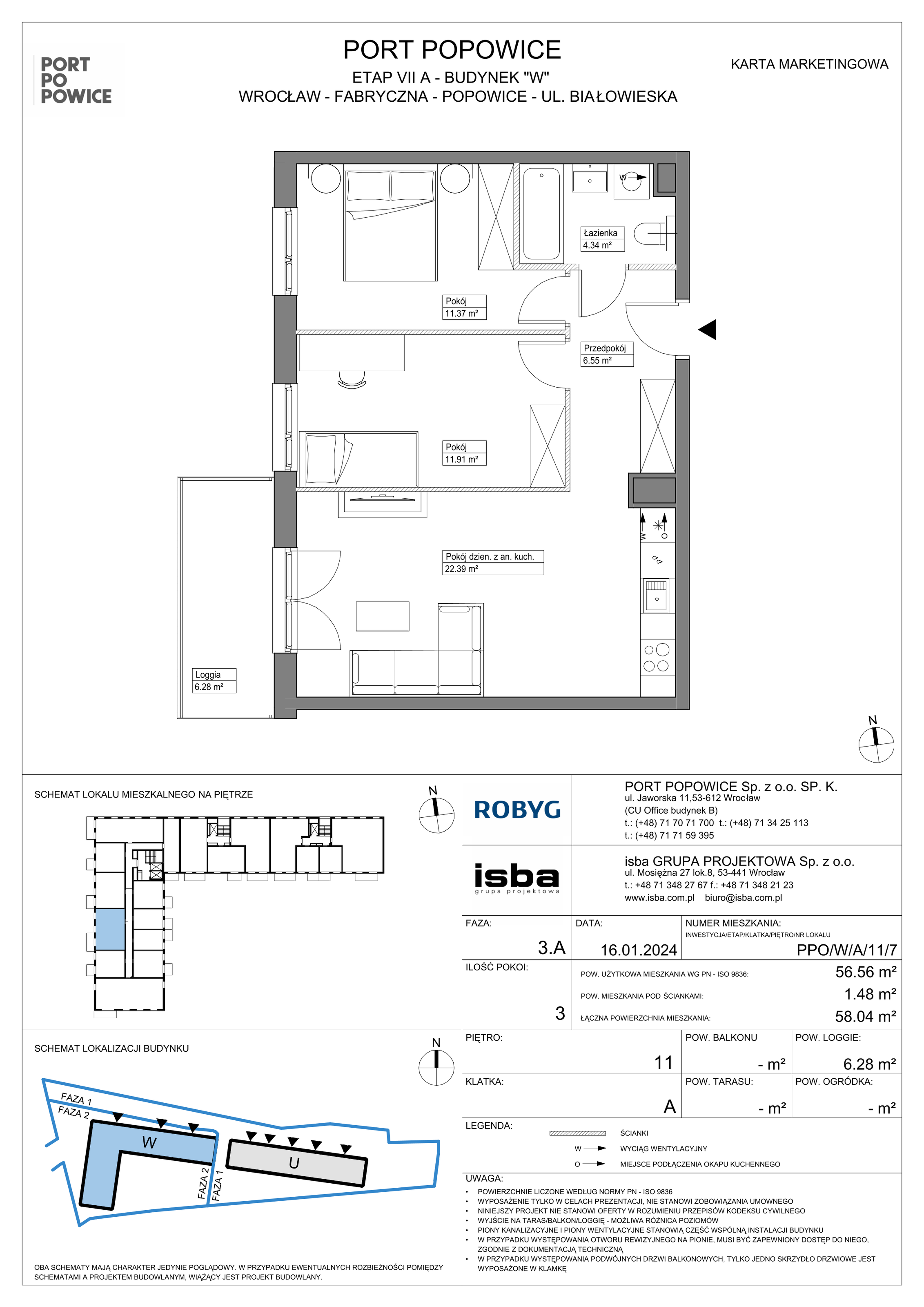 Mieszkanie 56,56 m², piętro 11, oferta nr PPO/W/A/11/7, Port Popowice, Wrocław, Pilczyce-Kozanów-Popowice Północne, Popowice, ul. Białowieska-idx