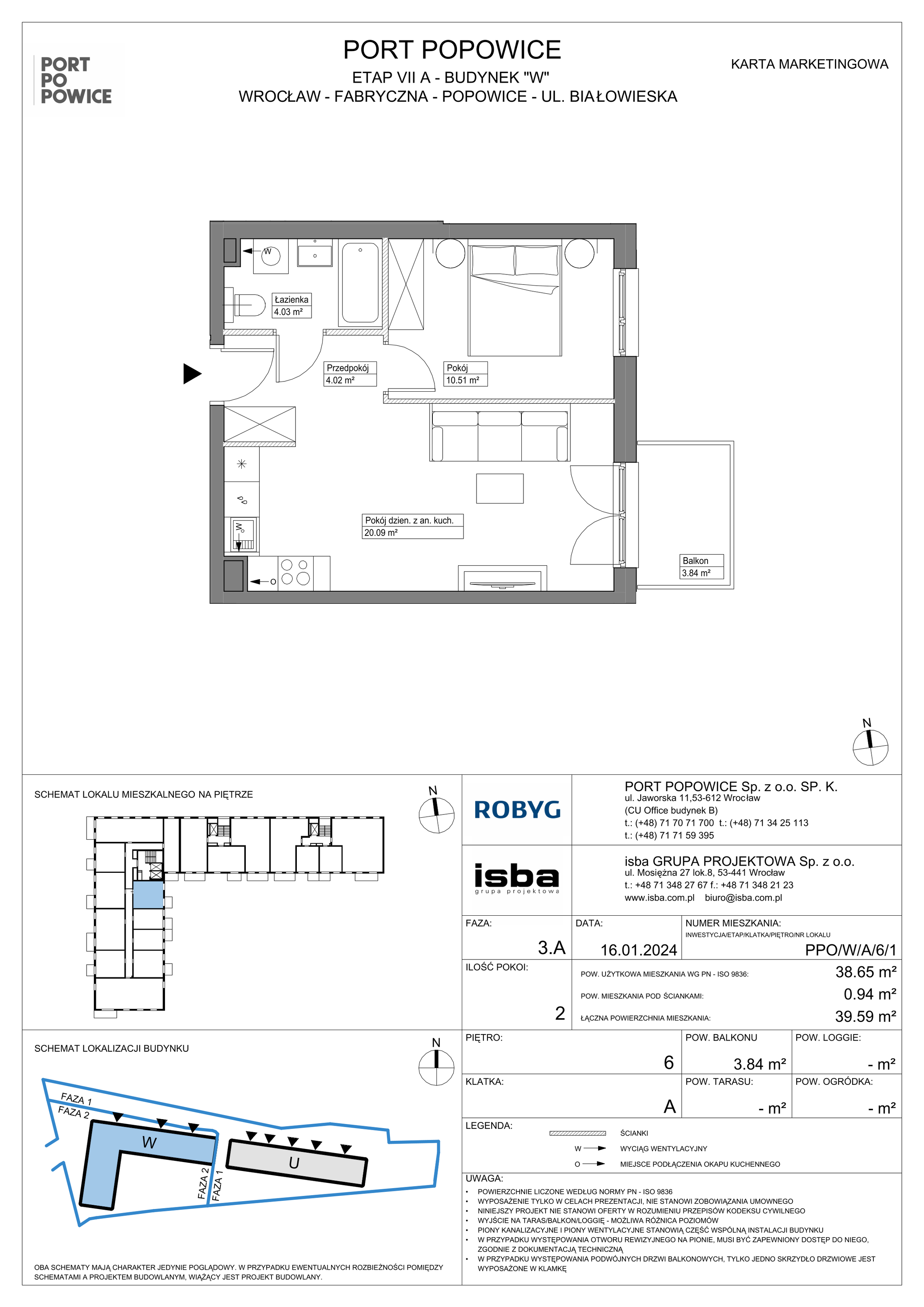 Mieszkanie 38,65 m², piętro 6, oferta nr PPO/W/A/6/1, Port Popowice, Wrocław, Pilczyce-Kozanów-Popowice Północne, Popowice, ul. Białowieska-idx