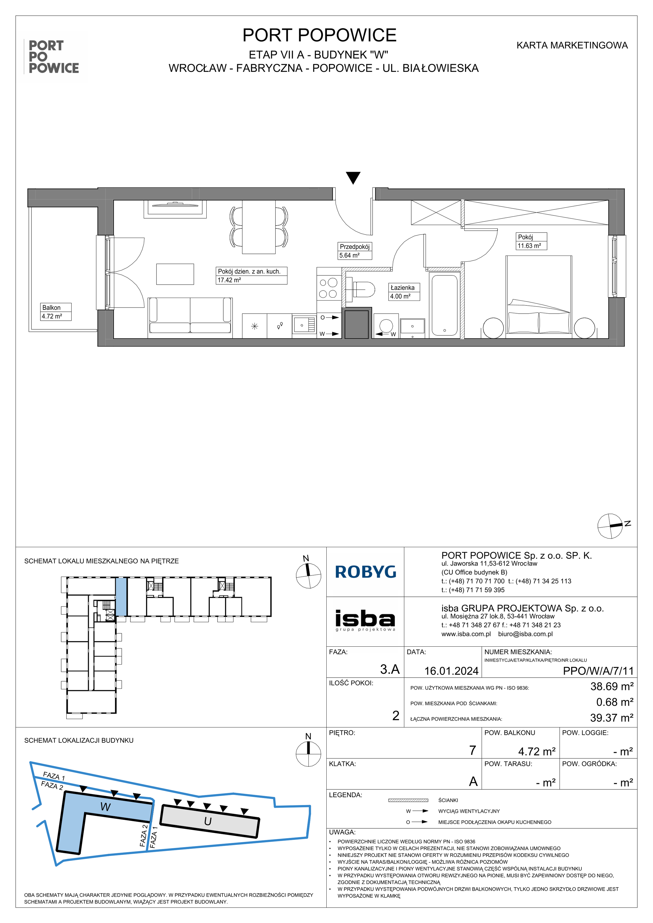 Mieszkanie 38,69 m², piętro 7, oferta nr PPO/W/A/7/11, Port Popowice, Wrocław, Pilczyce-Kozanów-Popowice Północne, Popowice, ul. Białowieska-idx