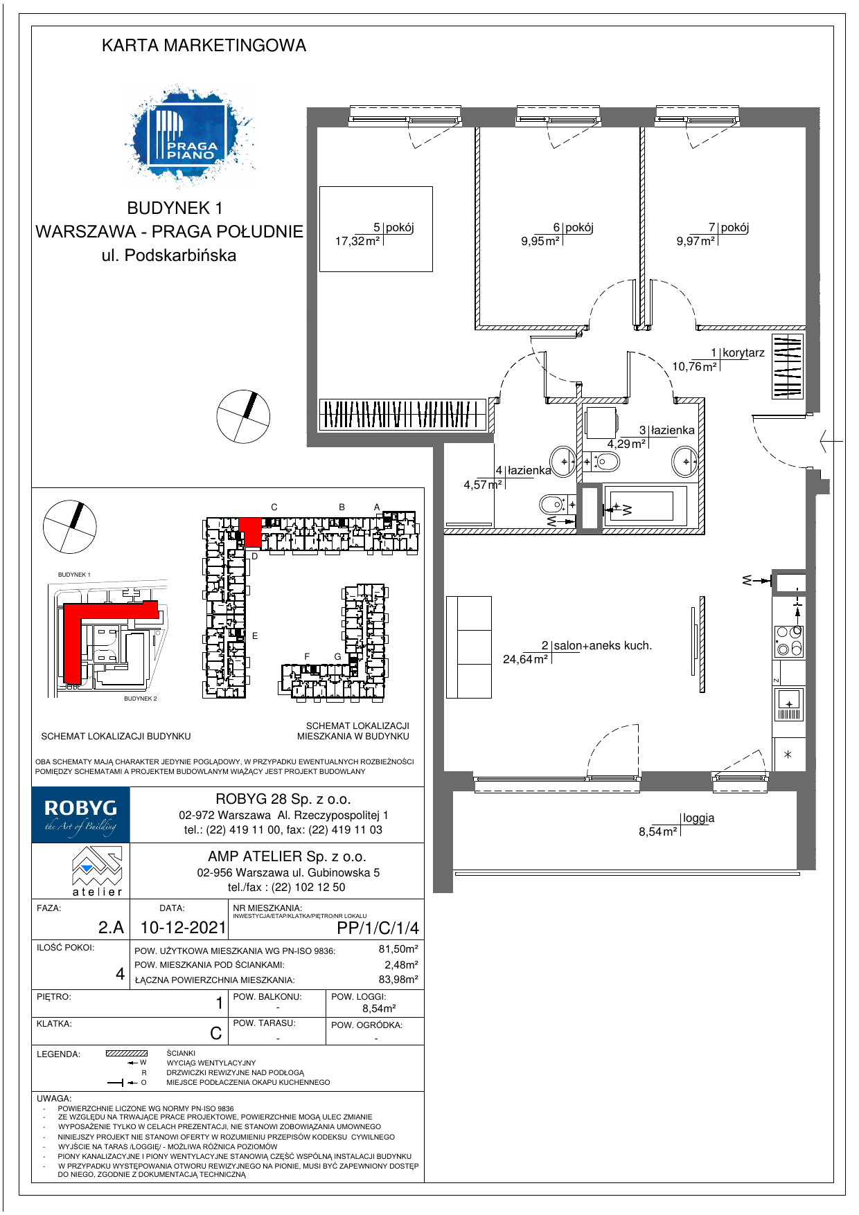 Mieszkanie 81,50 m², piętro 1, oferta nr PP/1/C/1/4, Praga Piano, Warszawa, Praga Południe, Kamionek, ul. Podskarbińska-idx