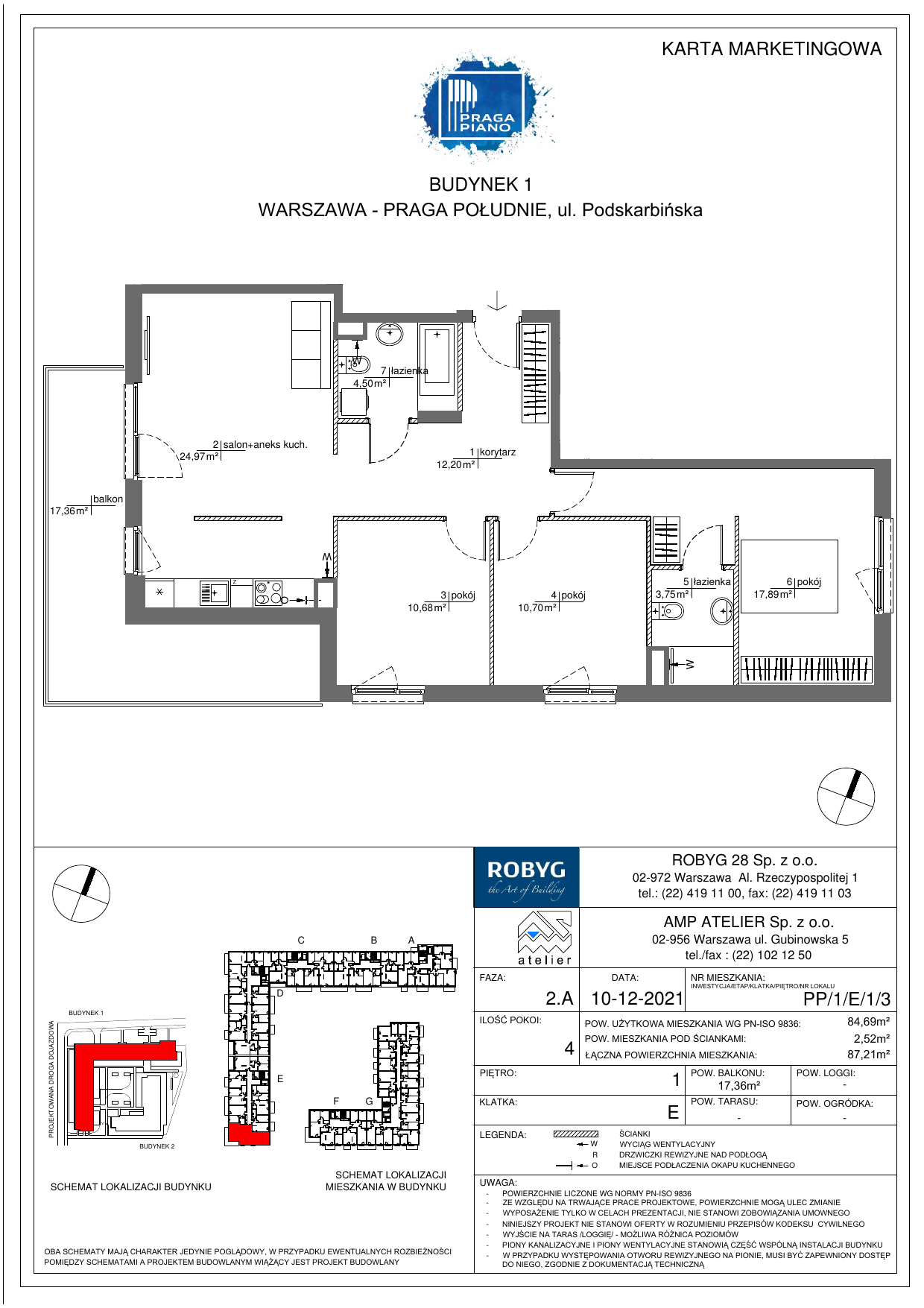 Mieszkanie 84,69 m², piętro 1, oferta nr PP/1/E/1/3, Praga Piano, Warszawa, Praga Południe, Kamionek, ul. Podskarbińska-idx