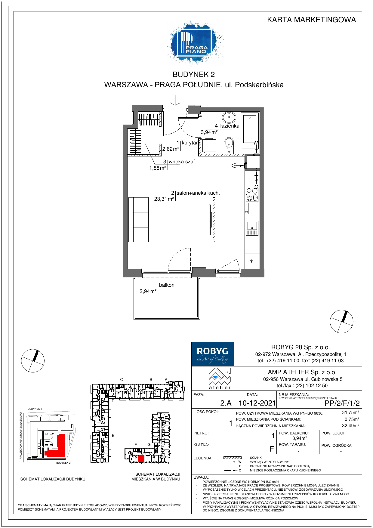 Mieszkanie 31,75 m², piętro 1, oferta nr PP/2/F/1/2, Praga Piano, Warszawa, Praga Południe, Kamionek, ul. Podskarbińska-idx