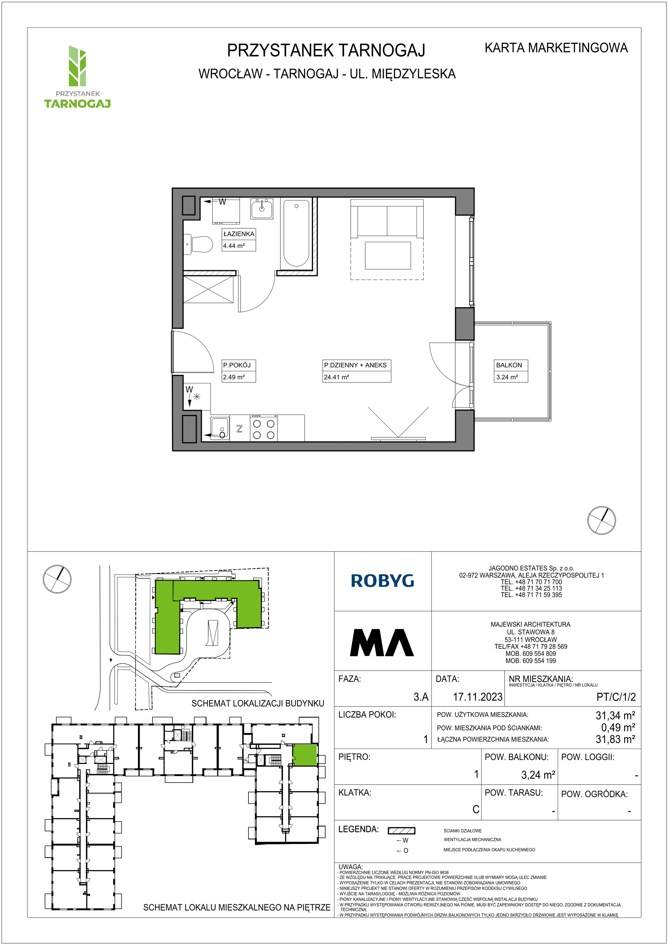 Mieszkanie 31,34 m², piętro 1, oferta nr PT/C/1/2, Przystanek Tarnogaj, Wrocław, Tarnogaj, Krzyki, ul. Międzyleska / Gazowa-idx