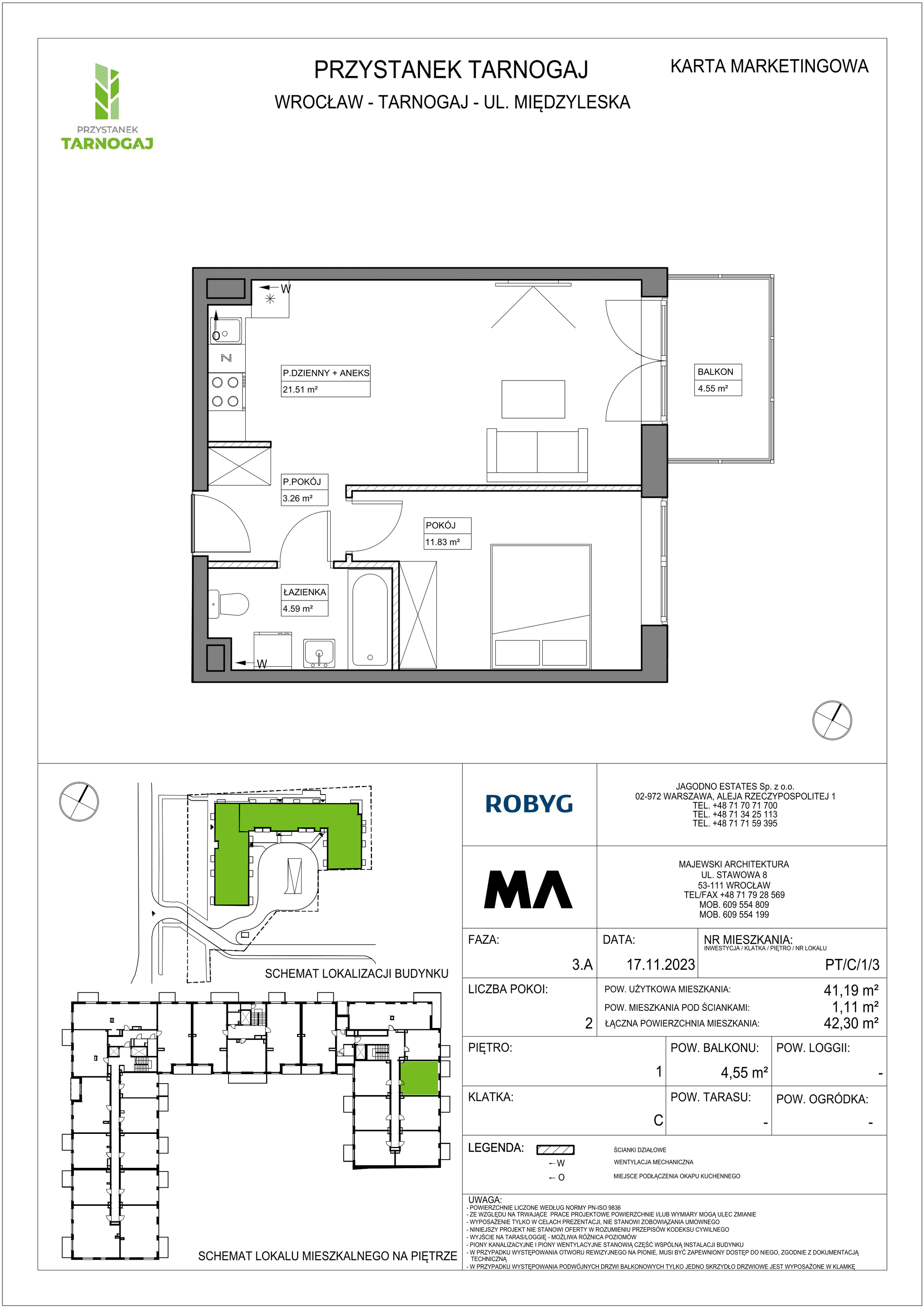 Mieszkanie 41,19 m², piętro 1, oferta nr PT/C/1/3, Przystanek Tarnogaj, Wrocław, Tarnogaj, Krzyki, ul. Międzyleska / Gazowa-idx