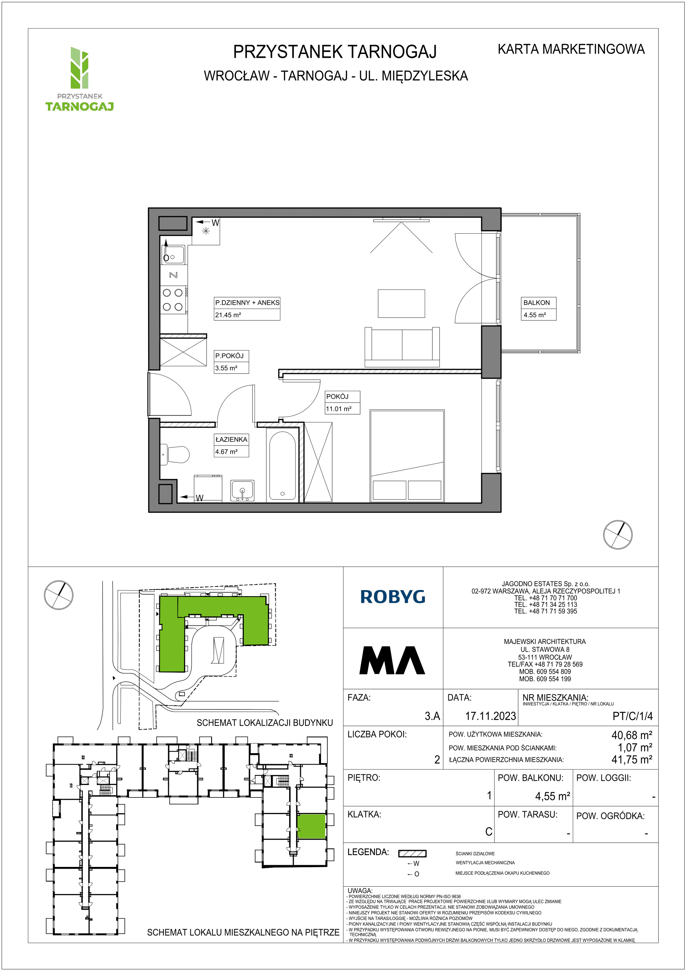 Mieszkanie 40,68 m², piętro 1, oferta nr PT/C/1/4, Przystanek Tarnogaj, Wrocław, Tarnogaj, Krzyki, ul. Międzyleska / Gazowa-idx