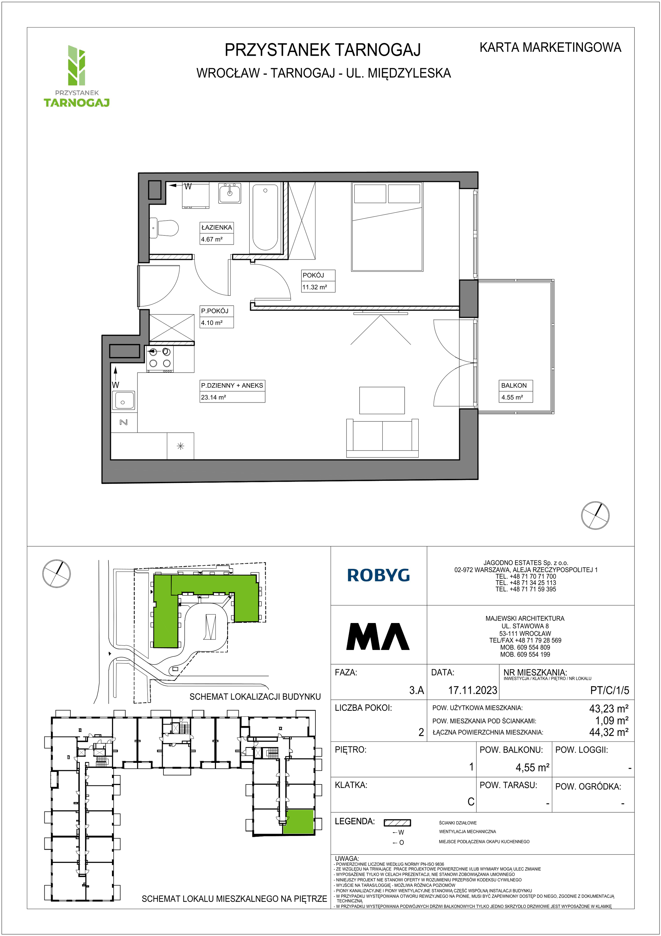 Mieszkanie 43,23 m², piętro 1, oferta nr PT/C/1/5, Przystanek Tarnogaj, Wrocław, Tarnogaj, Krzyki, ul. Międzyleska / Gazowa-idx